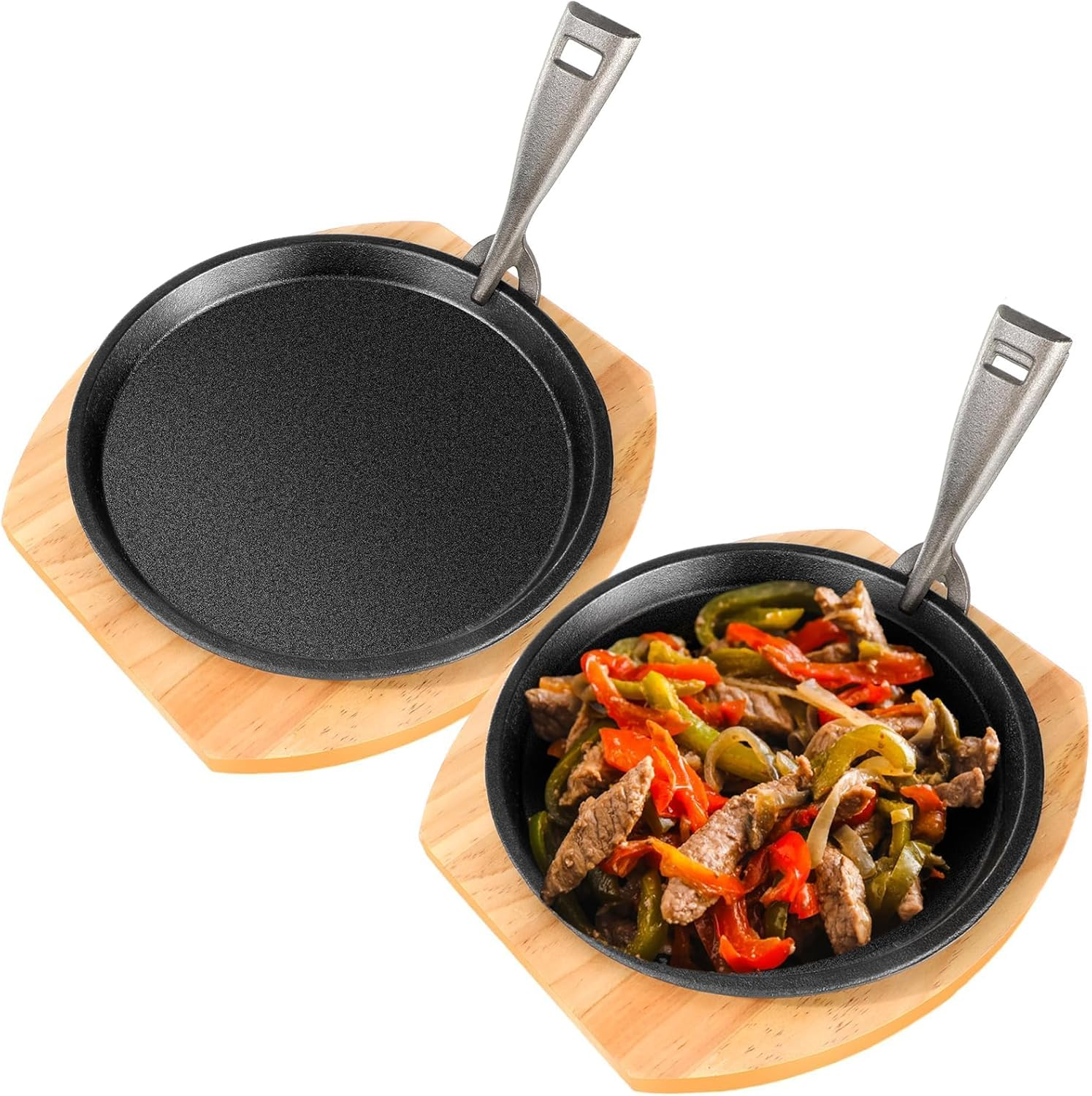 2 Set Cast Iron Fajita Plate Set with Wooden Base anti Scald Protection Removable Handle Fajita Plate Sizzling Pan Cast Iron Skillets Set for Home Restaurant Kitchen BBQ Cooking (10.3 Inch)