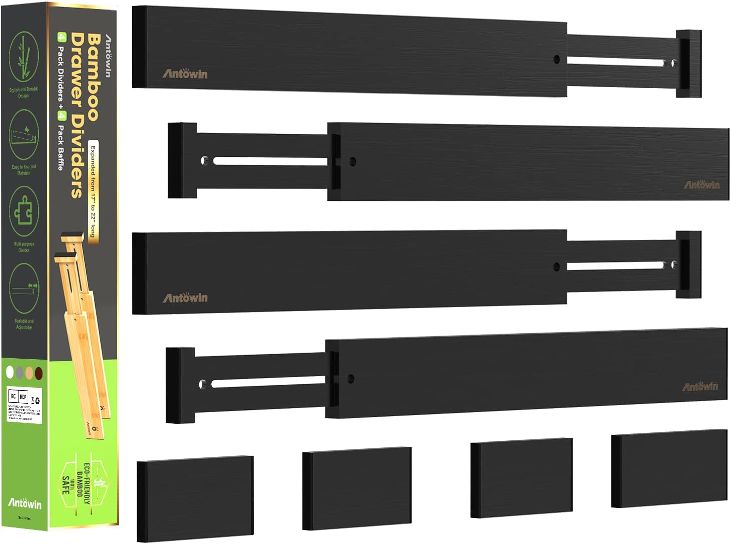 ANTOWIN Bamboo Drawer Dividers, Expandable Drawer Separators Splitter(43-56Cm), Adjustable Spring-Loaded Organizer for Large Utensil, Clothes, Tools Drawers(White)