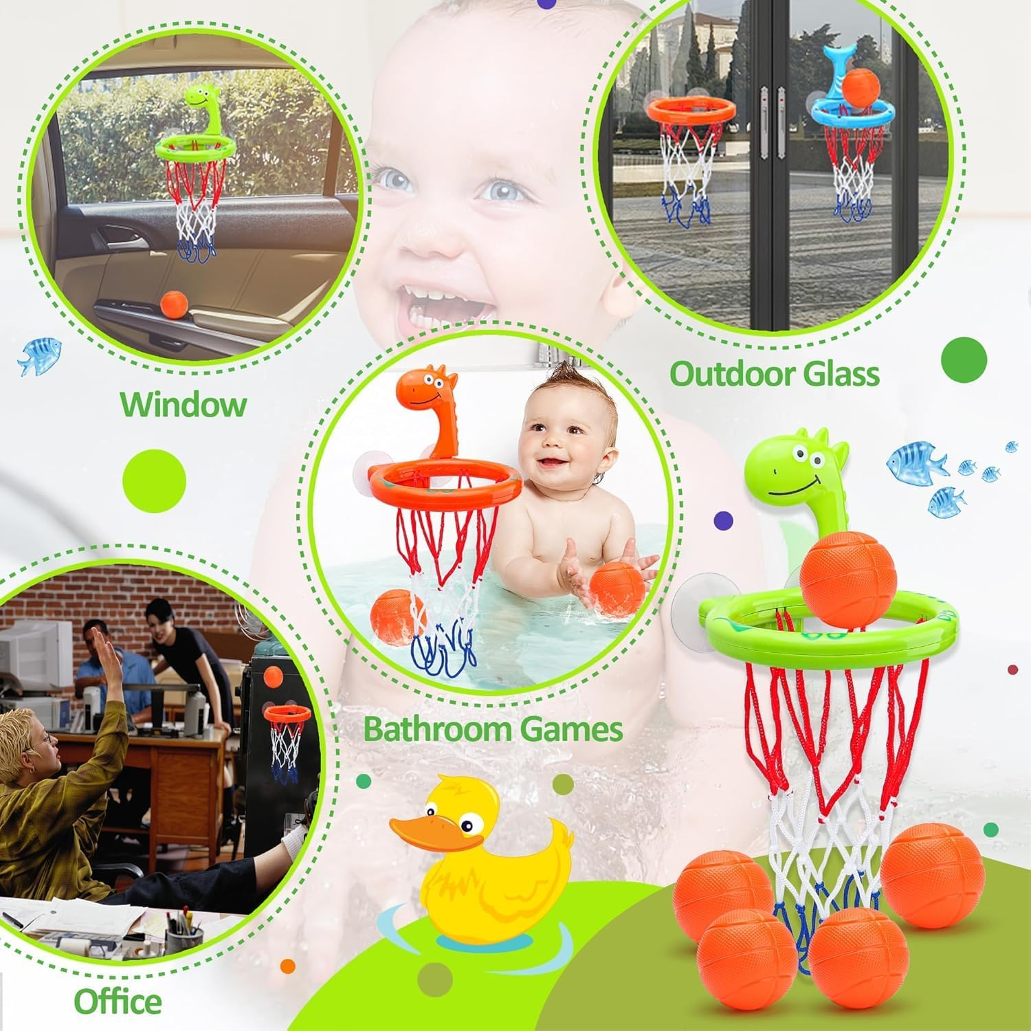 WADY Basketball Hoop Balls for Bathroom, Bathing Toy Bathtub Basketball Hoop, Suitable for Children, There Are Fun Game Gifts in the Bathroom, Suction Cup Basketball Hoop with 5 Ball (Orange Duck)