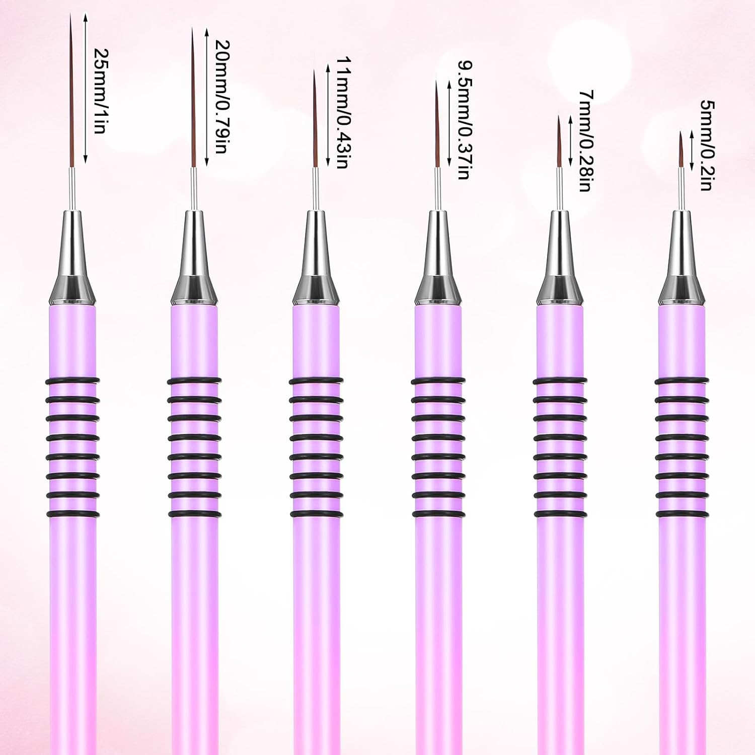 6 Pcs Nail Art Liner Brushes, Nail Art Design Brush Metal Handle Striper Brushes Nails Arts Tools with Striping Nails Arts Brush for Long Lines Thin Details Drawing 5/7/9/11/20/25Mm (Gradient) image number 6