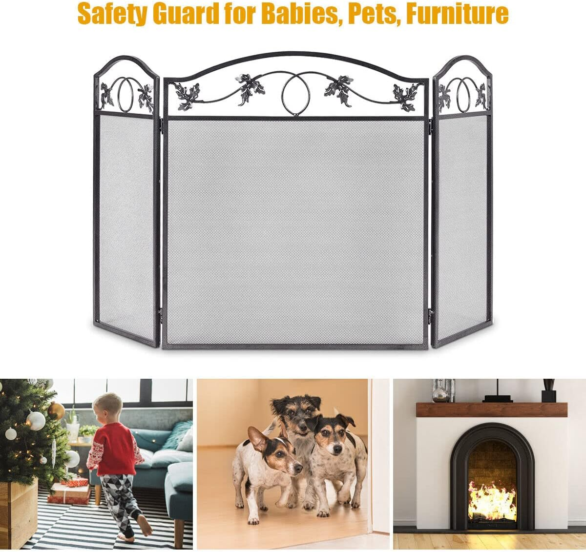 Giantex 3-Panel Fireplace Screen Pet Safety Fence Fireplace Fence, Sturdy Steel Frame, 3 Panel Foldable Fireplace Screen Folding Spark Fire Guard Steel image number 6
