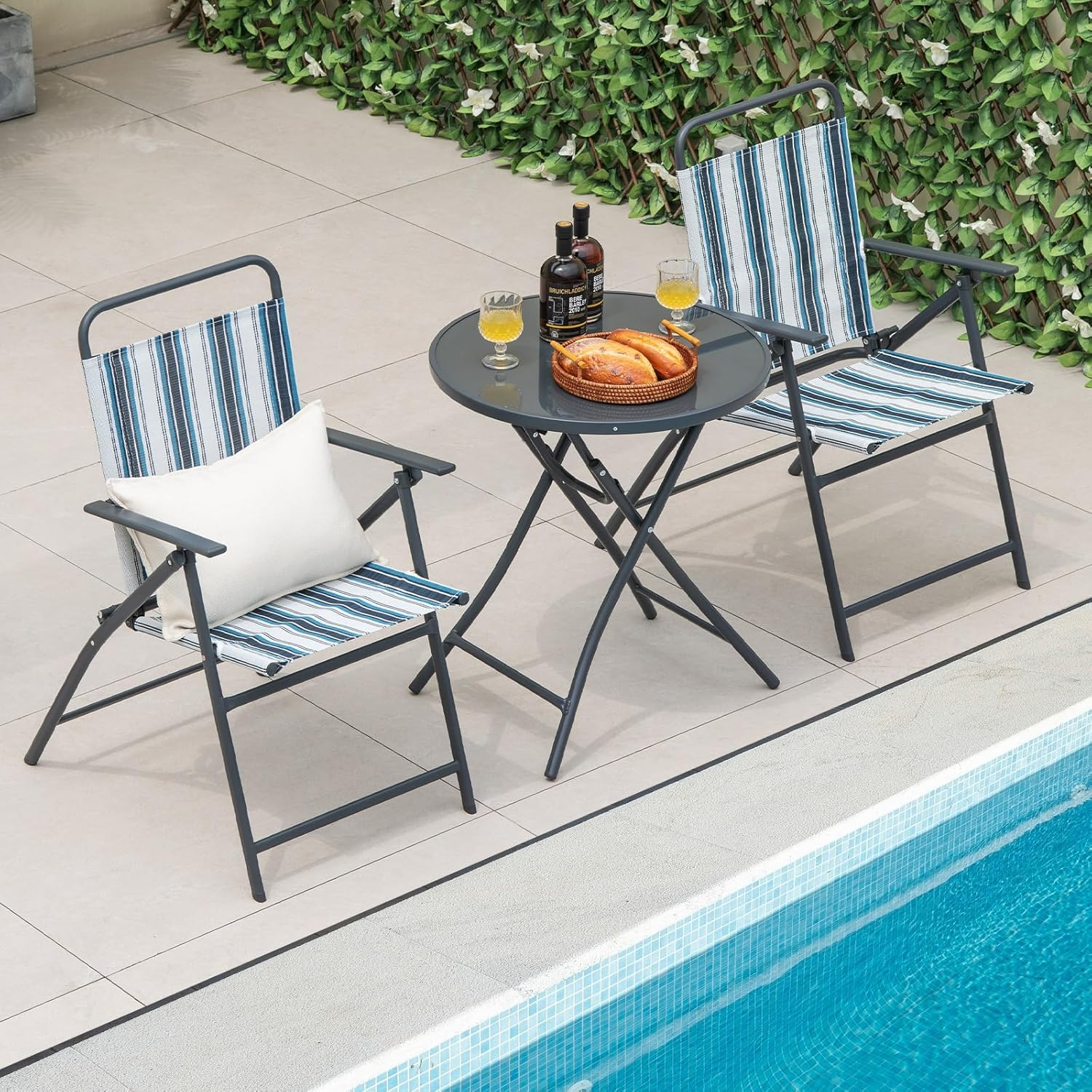 Costway 3 Piece Outdoor Folding Bistro Set, 2 Folding Chairs W/Folding Table, Heavy-Duty Metal Frame, Outdoor Dining Chair Set, Portable Folding Chair Set for Backyard, Poolside, Balcony image number 2