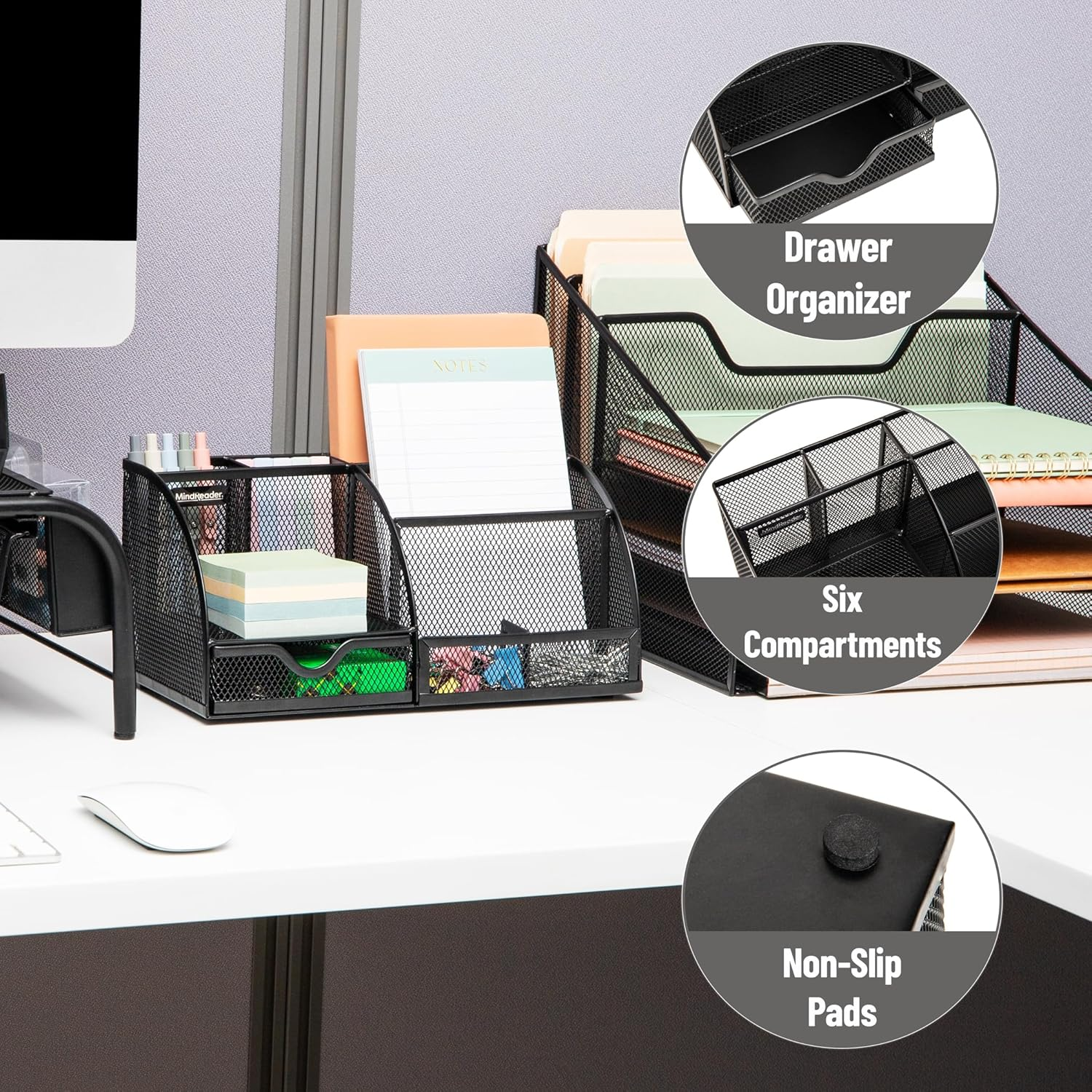 Mind Reader Desktop Organizer, File Storage, Accessory Storage, Workspace, Office, Metal Mesh, 11" L X 5.5" W X 5.25" H, Black