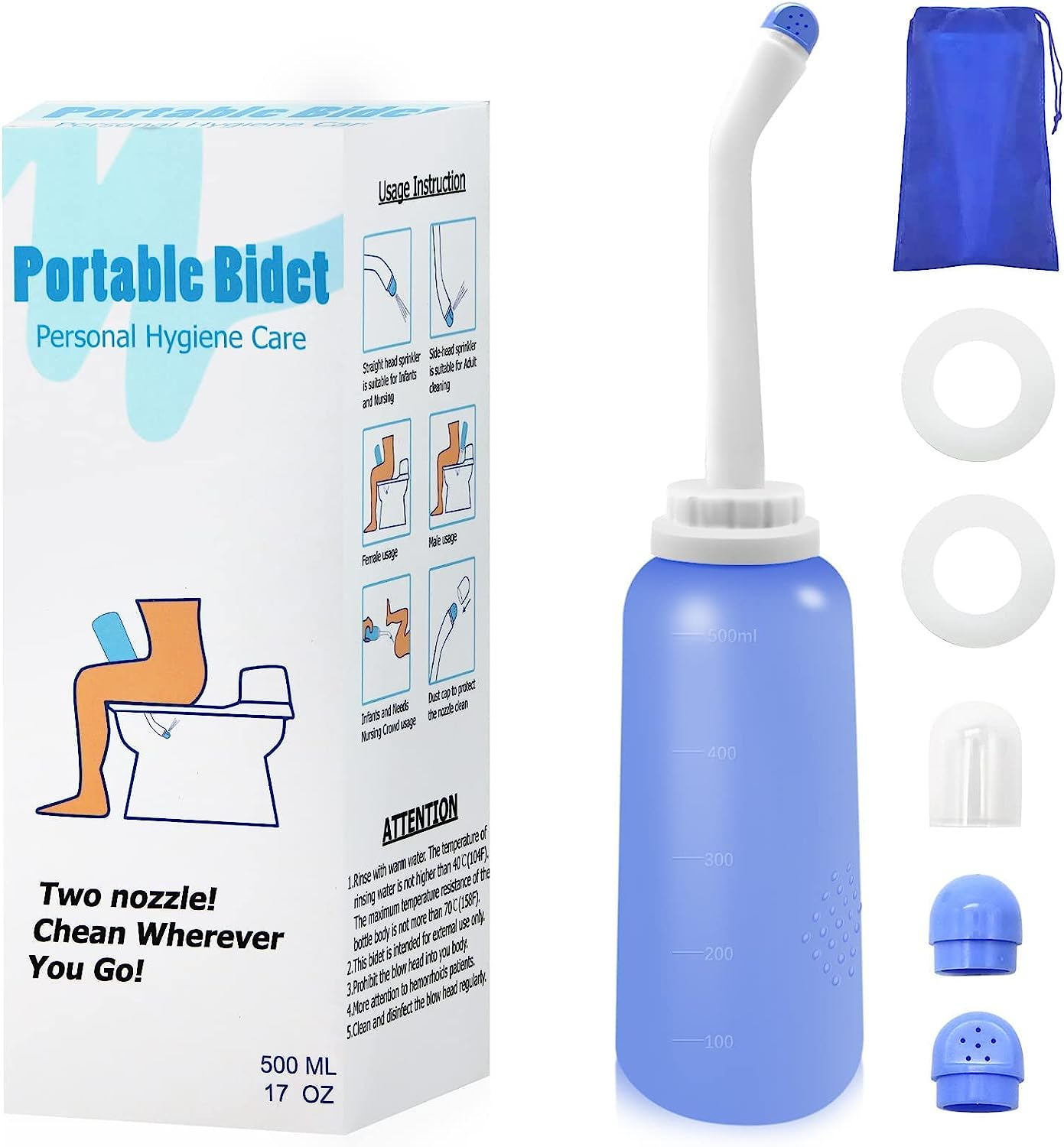 RUFCRIL Peri Bottle, Portable Travel Bidet with Carry Bag, TPE Material Can Be Boiled, 500Ml Capacity with 2 Sealing Ring,Essentials for Postpartum Perineal Care,Hemorrhoid Treatment,New Baby