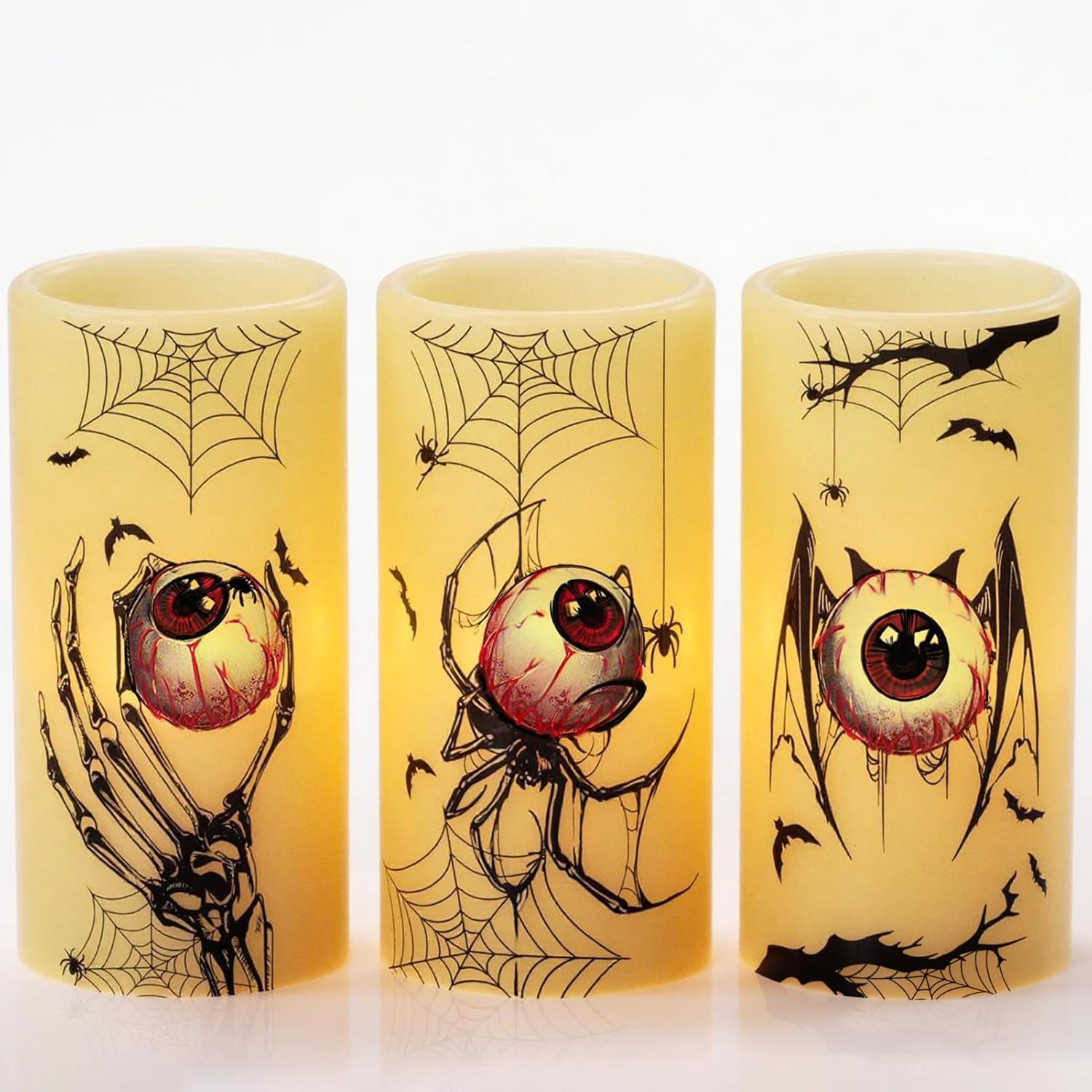 Eldnacele Halloween Flameless Candles, LED Flickering Battery Pillar Candles with 6H Timer and Pumpkin Decals, Spooky Fall Halloween Festival Party Decoration Set of 3 (D 3&rdquo; X H 4&rdquo; 5&rdquo; 6&rdquo;)