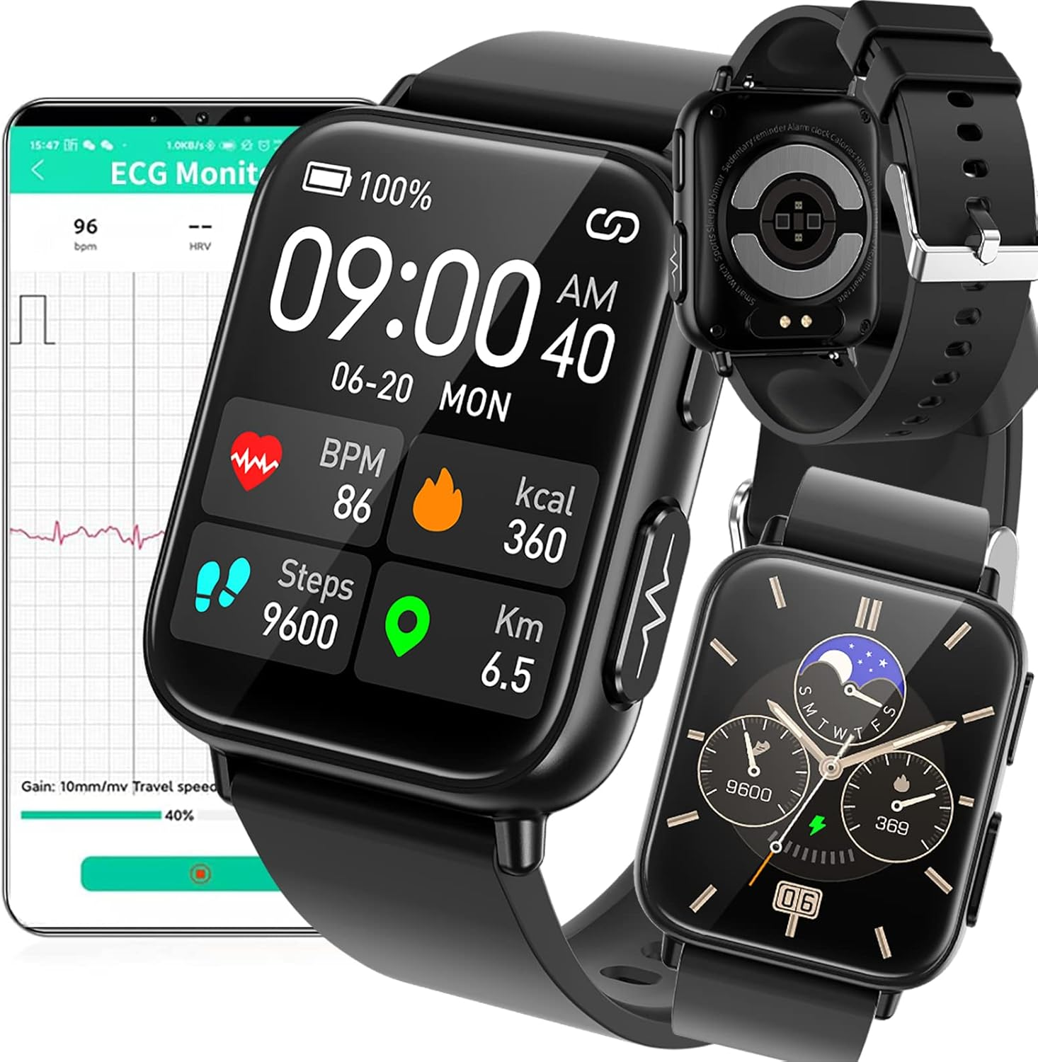 Blood Glucose Sugar Smart Watch, Fitness Trackers for Women Men, ECG Heart Rate Blood Oxygen Pressure and Activity Tracker Sleep Monitor, 9 Sports Modes Ip68 Waterproof Smartwatch,Black image number 6