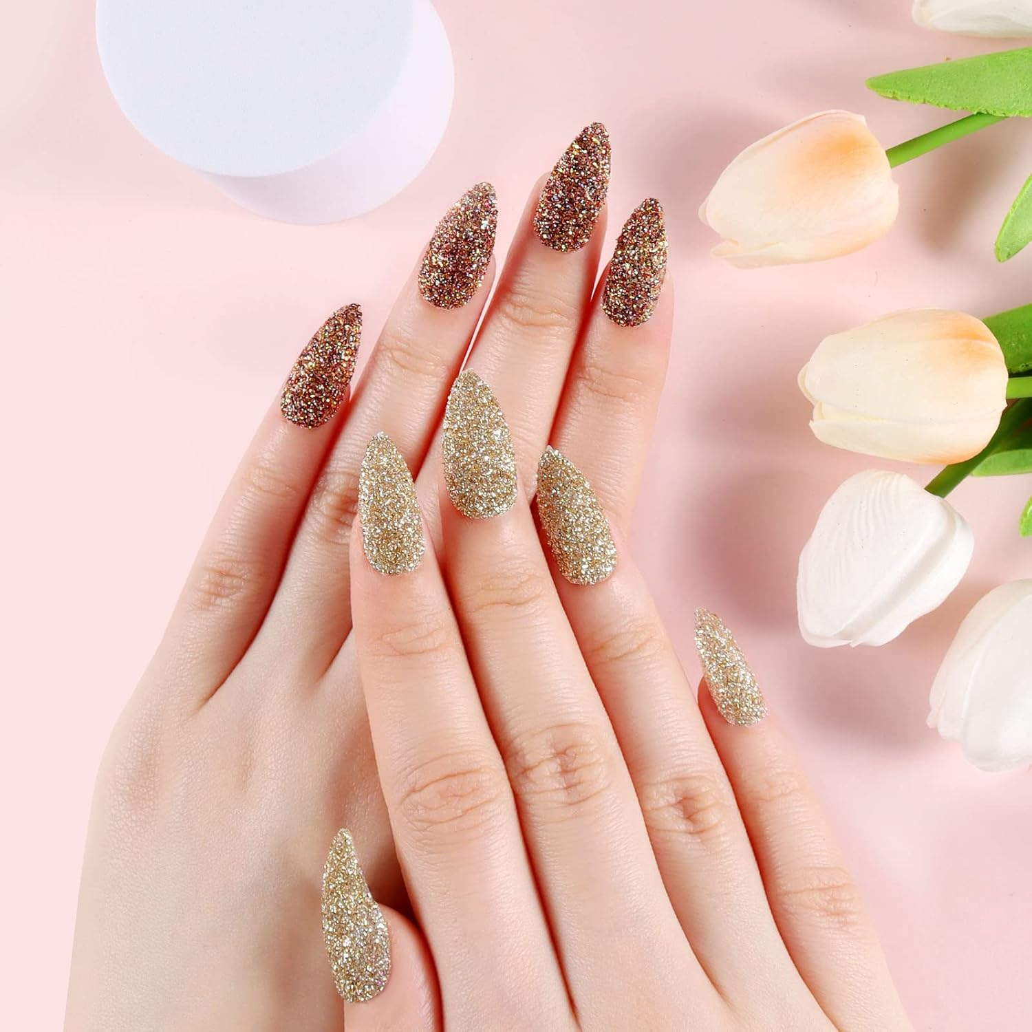 96Pcs Stiletto Fake Nails Full Cover Chrome Powder Glitter Bling Flakes Sequins Medium Length False Acrylic Nail Kits（Gold and Silver Glitter Series） image number 5