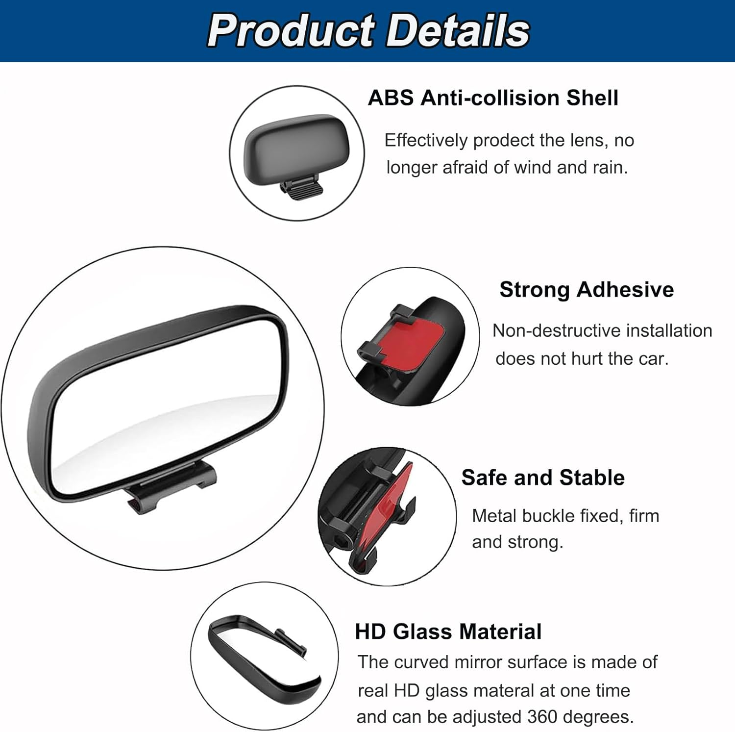 Car Blind Spot Mirror, Adjustable 360 Degree Rotation Side Mirror, Auto Auxiliary Convex Wide Angle Snap Way Clip on Side Rearview Mirror, Universal for Car Truck SUV image number 2