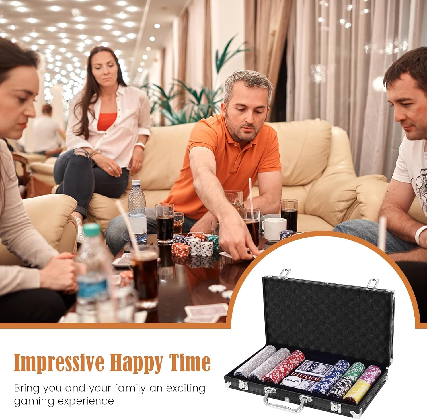 Costway 300 PCS Casino Poker Chip Set, Texas Holdem Poker Chips W/Lockable Aluminum Case, 2 Deck of Cards, 5 Dices, Dealer Button, 1 Table Felt, Professional Complete Poker Chip Set Dice Cards image number 4