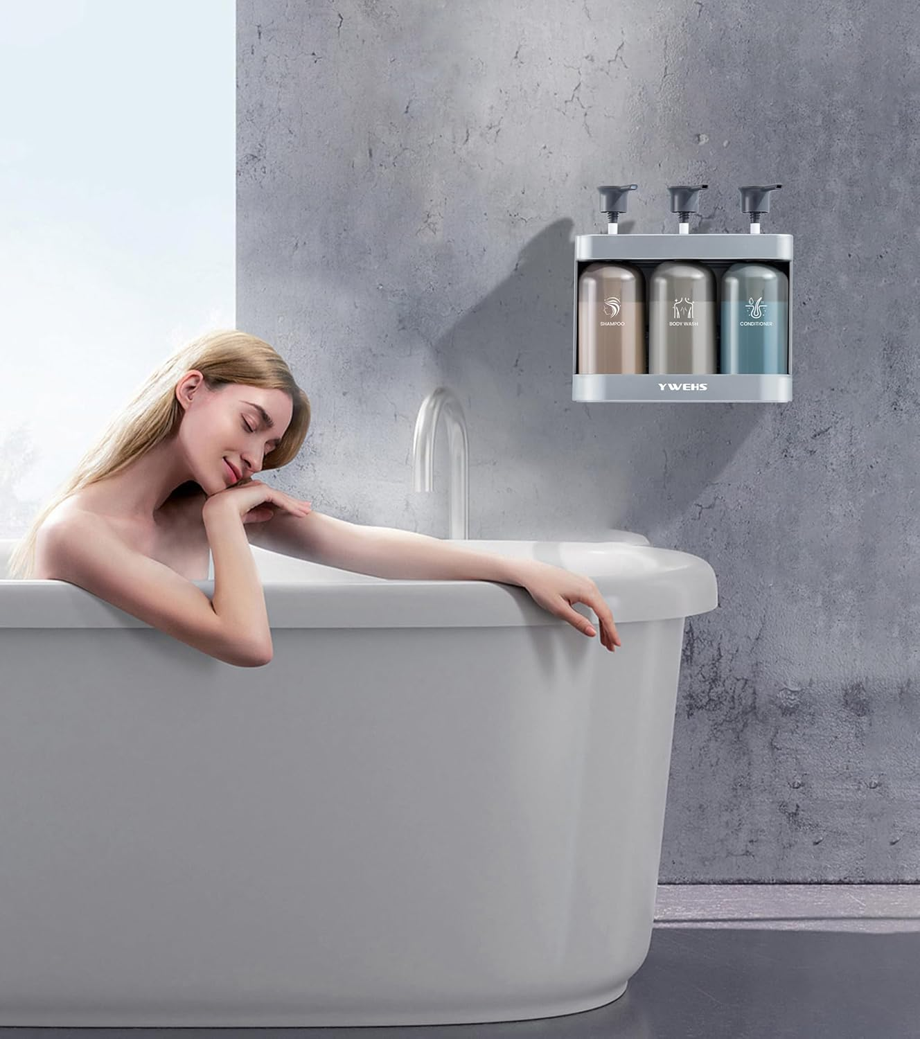 YWEHS Shampoo Dispenser for Shower Wall Mounted, Shower Soap Dispenser 3 Chamber No Drill, 12.85 Fl.Oz*3 Shampoo Conditioner Body Wash Dispenser for Bathroom Hotel, Silver, 3 Refillable Bottles - Sliver image number 3