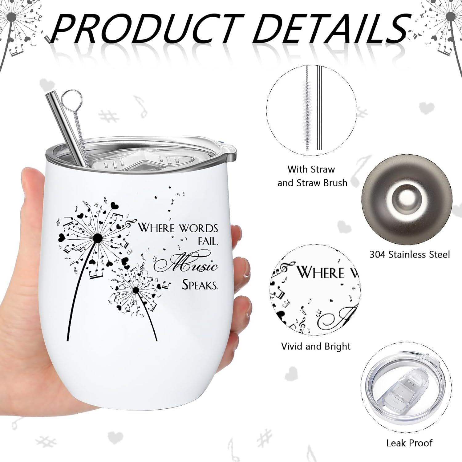 Sieral 12 Oz Music Themed Wine Tumbler & Cosmetic Bag & Keychain Set for Music Lovers & Teachers image number 6