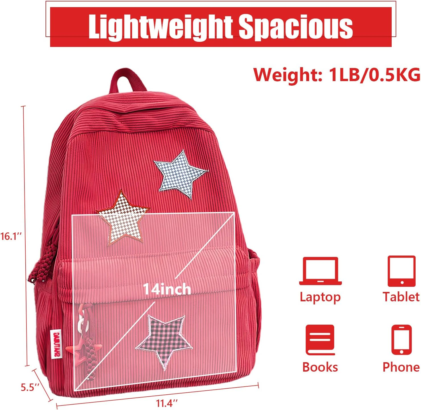 Taolivingmart Corduroy Backpack with Star Pattern, Trendy and Versatile, Fits 14'' Laptop Large Capacity Daily Commute - Beige image number 7