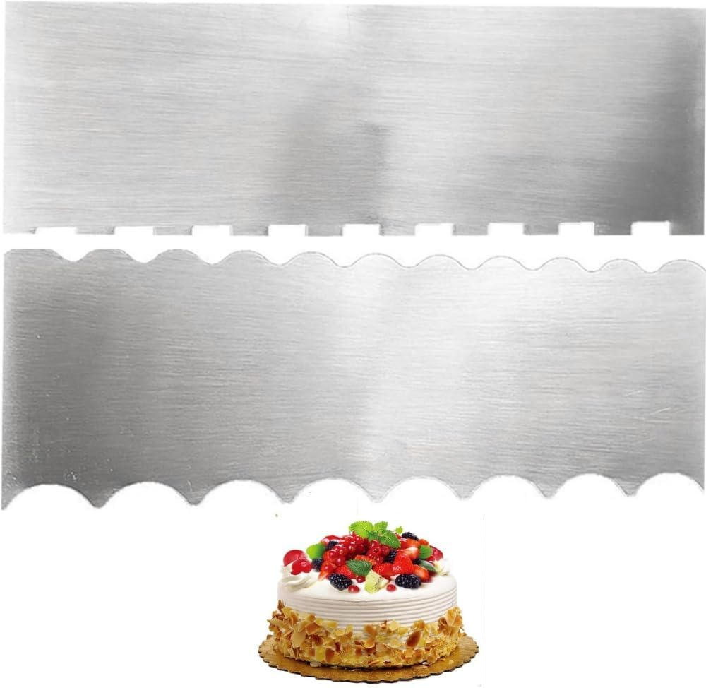 HIDOSNG 2Pcs Stainless Steel Cake Scraper with Sided Patterned Edge Stripe Edge, Pastry Baking Smoother Scraper Cake Decorating Tools for Mousse Butter Cream Cake（Silver）