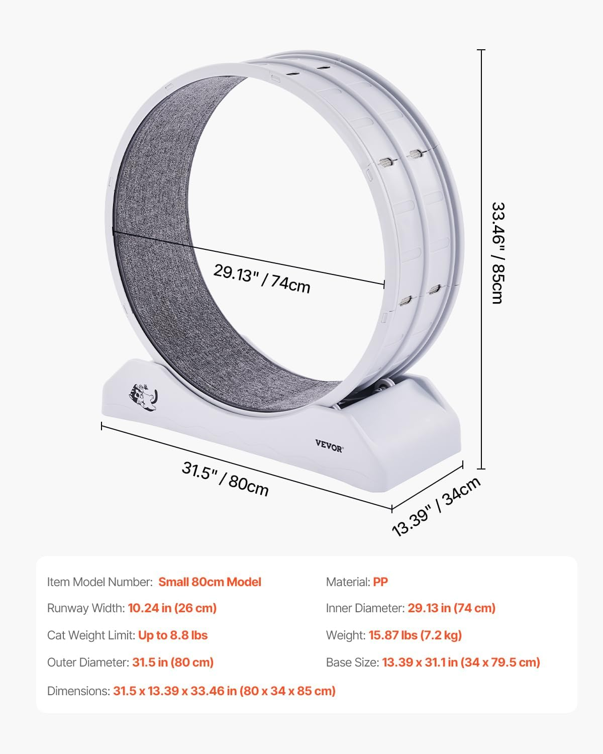 VEVOR Cat Exercise Wheel, 31.5 In, Large Cat Running Wheel with Secure Brake & Carpeted Runway, Quiet Operation Cat Treadmill, Indoor Cats Exerciser Wheel for Pets Weight Loss & Health White