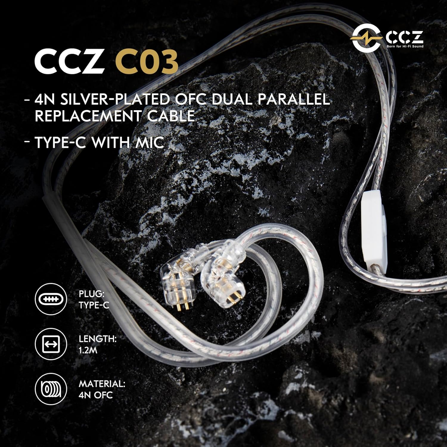 CCZ USB C Headphone IEM KZ Cable QDC with Mic, C03 4N Silver-Plated OFC in Ear Monitor Cable Earbuds Wire for EDX Pro/Castor/Zs10 PRO/ZS10 PRO X/ZSN PRO X/ZS10 PRO 2/ZS12 PRO X image number 1