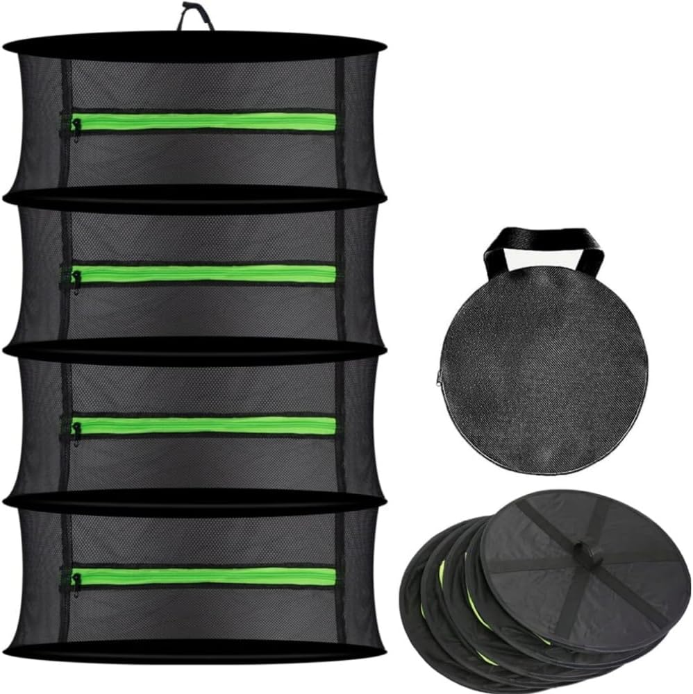 Herb Drying Rack Black Hanging Mesh Dryer Net Hydroponics Plants Flower Buds Weed Dry Rack with Zipper(Black 4-Layer)