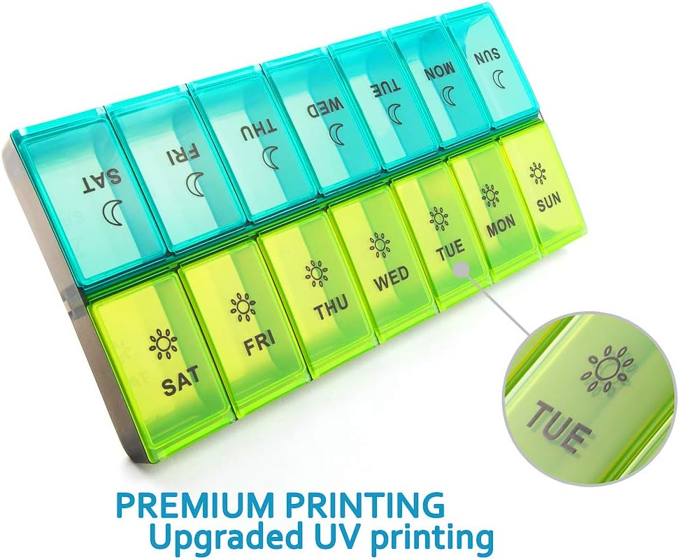 Mossime XL Large Daily Pill Organizer 2 Times a Day, Extra Jumbo 7 Day Pill Box Am Pm, Weekly Day Night Vitamin Holder, Medicine Organizer, Big Pill Container, Medication Dispenser 14 Compartments - Blue+Green image number 4