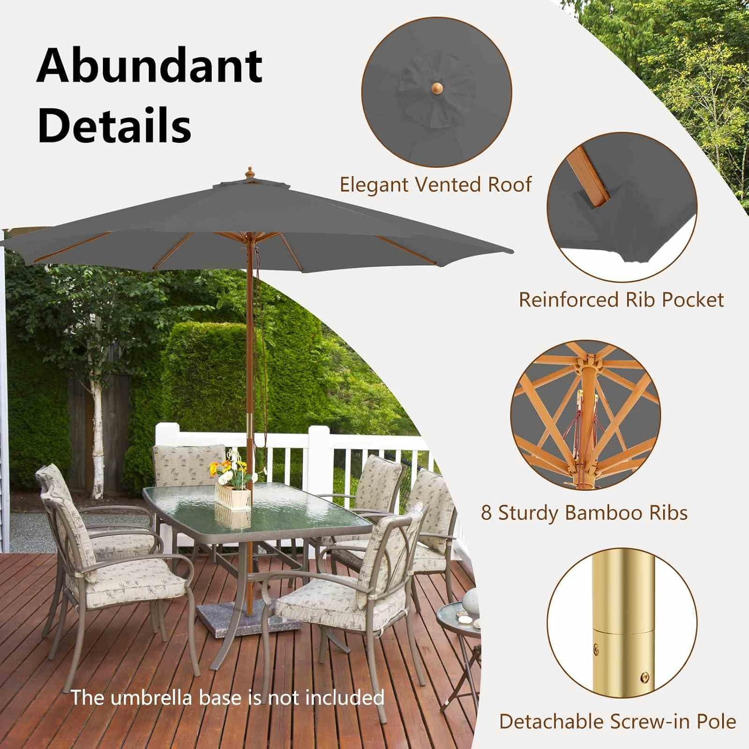 Costway 3M Patio Umbrella, Outdoor Table Market Umbrella with 8 Bamboo Ribs, Pulley Lift and Ventilation Hole, Outdoor Sunshade Umbrella for Poolside, Backyard and Beach - Gray image number 3