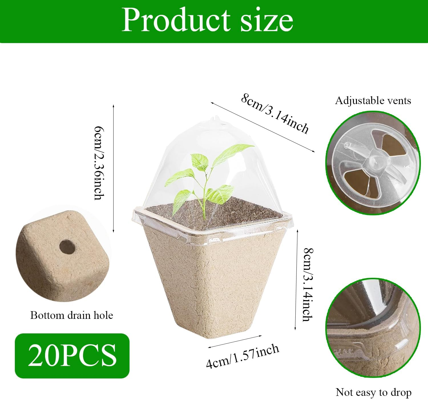 Xinghonyac 20 Pcs Seedlings Pots, Degradable Garden Germination Nursery Pot with Vent Humidity Lid, Eco-Friendly Peat Pots, Square Seed Starter Pots for Plants, Flowers, Vegetables (8Cm) image number 5