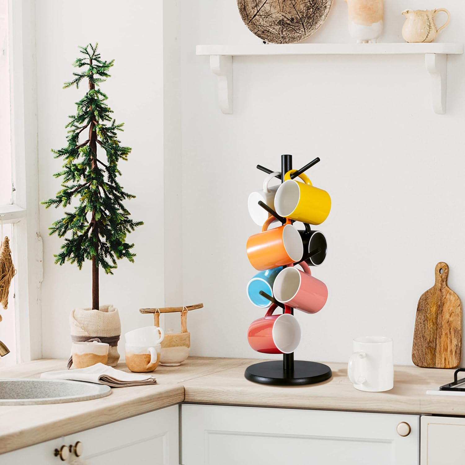 Mylifeunit Mug Holder Tree, Black Coffee Cup Holder with 8 Hooks, Wood Mug Hanger Stand for Counter image number 2