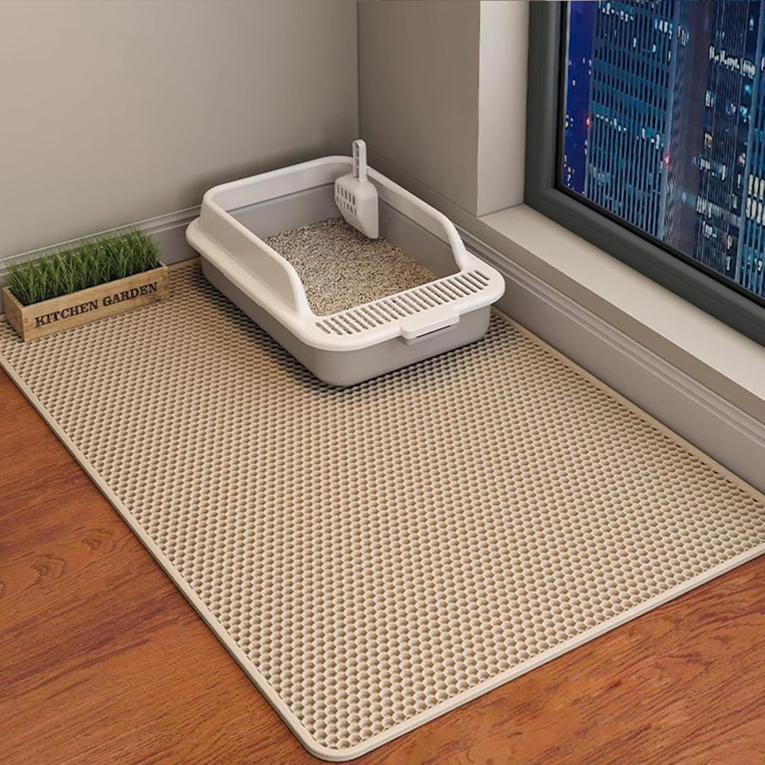 Cat Litter Mat Cat Litter Trapping Mat, 60 X 45 Cm Honeycomb Double Layer Design, Urine and Water Proof Material, Scatter Control, Less Waste, Easier to Clean,Washable Black