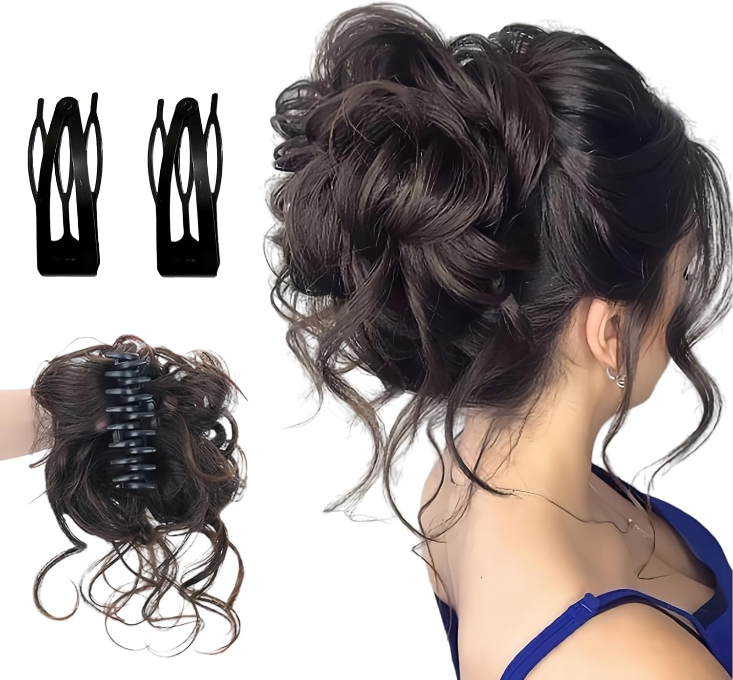 Diyxisk 1 Piece False Hair Bun and 2 Pieces Women'S Fake Hair Extensions Beautiful Bun Easy for Hair, Suitable for Women and Girls (Brown Black) image number 5
