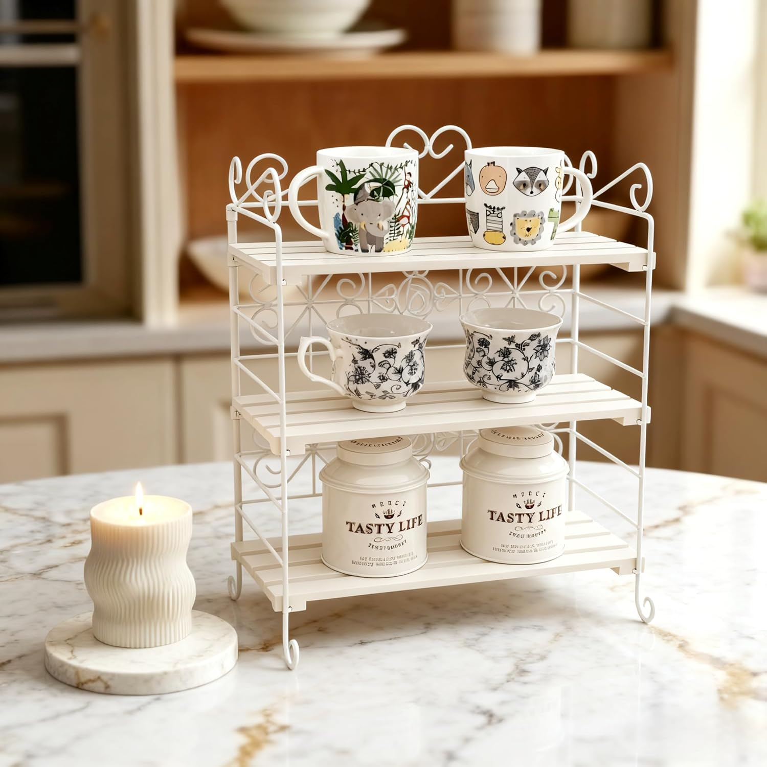 Celsaovo Decorative Plant Shelves & Countertop Storage Rack &ndash; White Metal & Wood, Space-Saving Freestanding Rack, Easy Tool-Free Setup for Kitchen, Plants & Spices - White image number 4