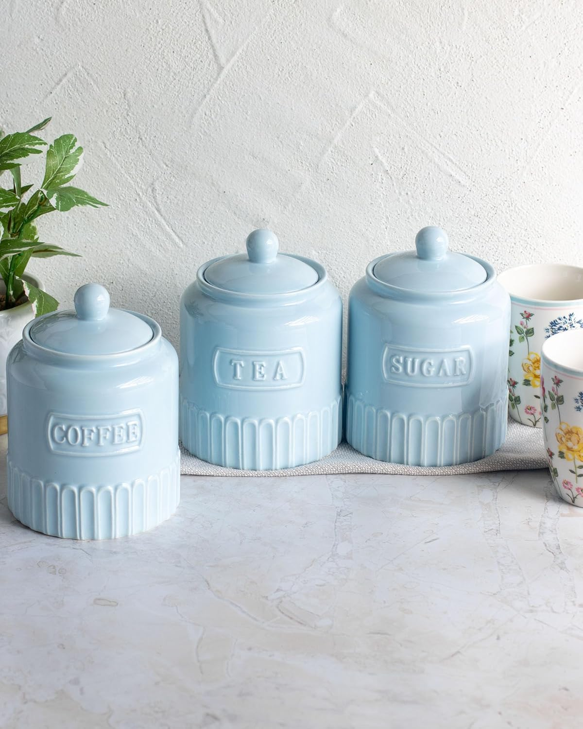 The House of Florence Kitchen Canisters Set, 3 Piece Coffee Tea Sugar Storage Containers, Soft Blue