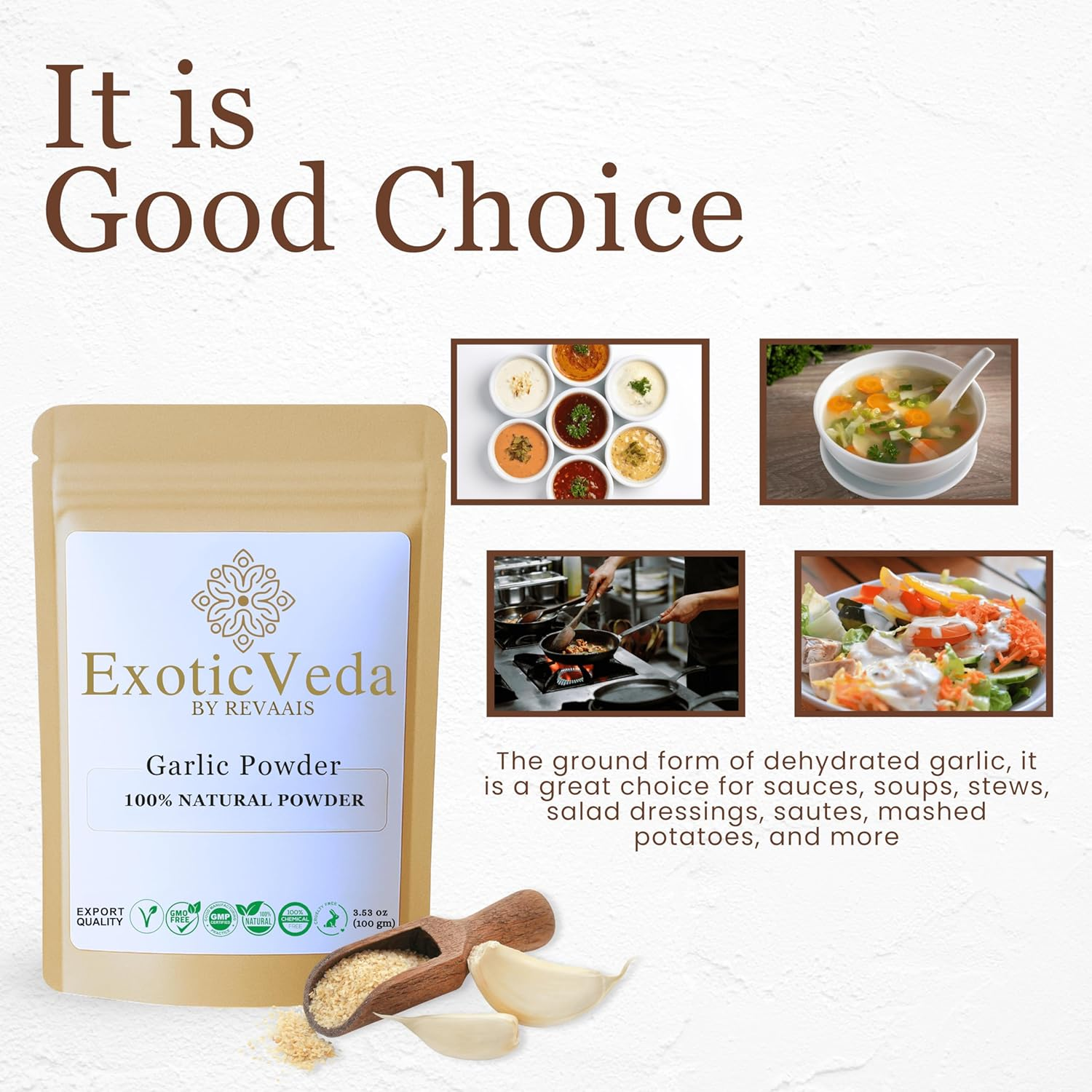 Exotic Veda Garlic Powder | 100% Pure & Natural | Garlic Seasoning for Flavor Vegetables, Grilled Sandwiches, Salads, Dressings and More| Multipurpose Use in Your Food| No Additives, No Preservatives | 100G Pack image number 1