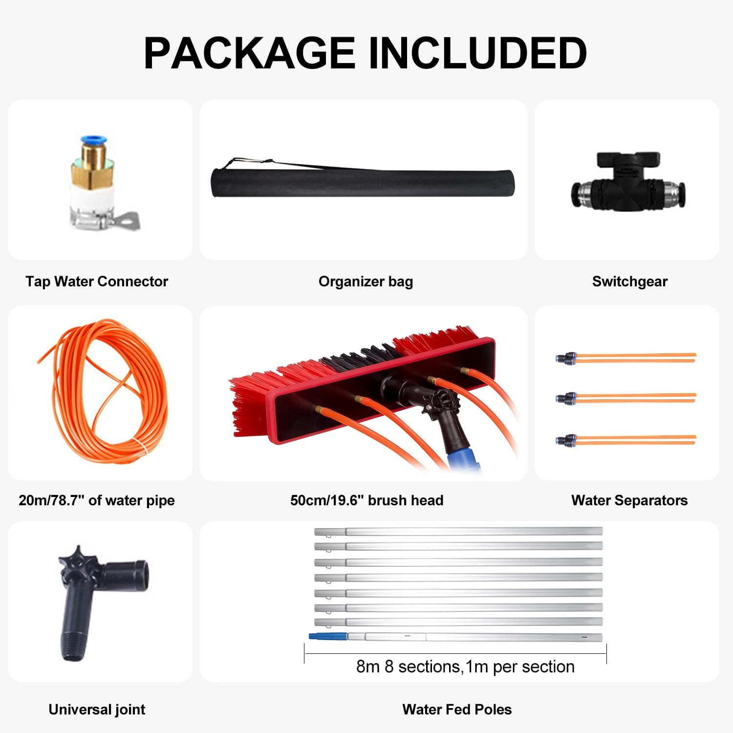 HOOMFIT Solar Panel Cleaning Brush,21.7" Brush Head Water Fed Pole Kit Adjustable Rotatable Outdoor Washing Equipment Tool for Solar Photovoltaic Panel Window Glass Roof Outdoor(8M,315")