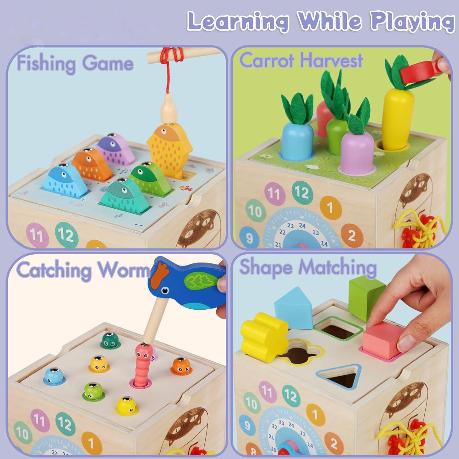 Wooden Activity Cube, 8-In-1 Shape Sorter Toy for Toddlers 1-3, Sensory Play Center with Shape Sorting Box Magnetic Fishing Spinners Educational Developmental Toy for Babies 6-12 Months image number 4