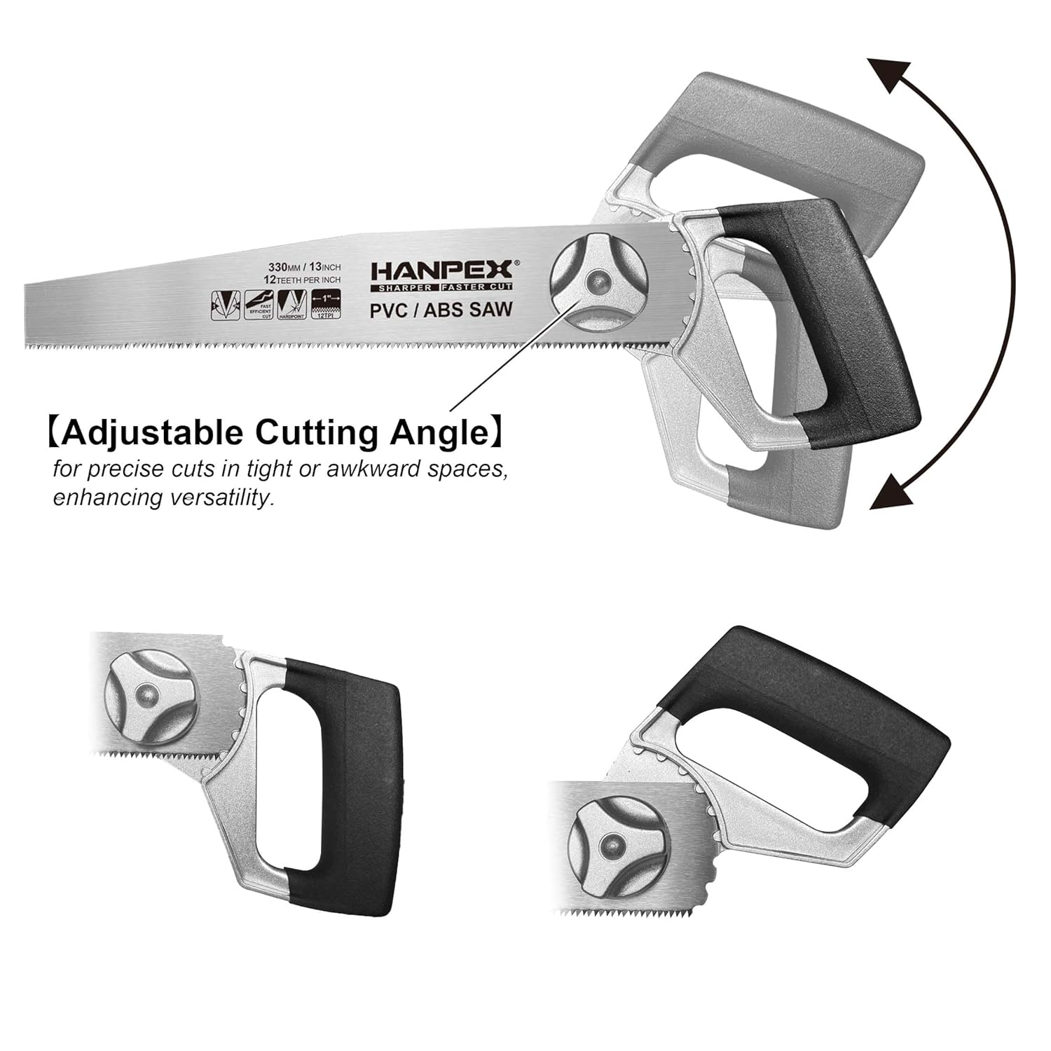 Hanpex 33Cm(13Inch) Heavy Duty Pipe Saw - Adjustable Angle Hand Saw for PVC, ABS, Wood, Drywall & Plastic - Compact Design for Tight Spaces, Gardening, Trimming & General Purpose Cutting image number 2
