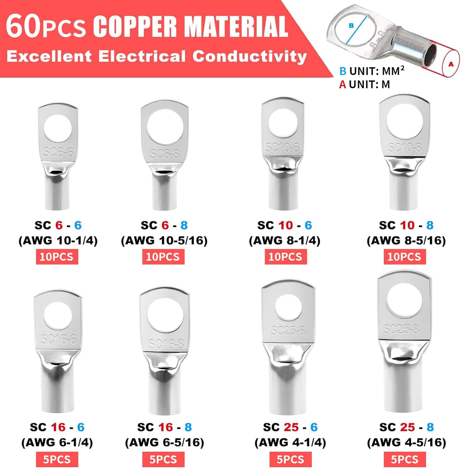 Zalizr 120 PCS Tinned Copper Battery Cable Ends Kit, 6-25Mm&sup2; Wire Lugs Assortment, Heat Shrink Tubing, SC Ring Terminals Connectors for Electrical, Automotive, Marine, Solar Use image number 1