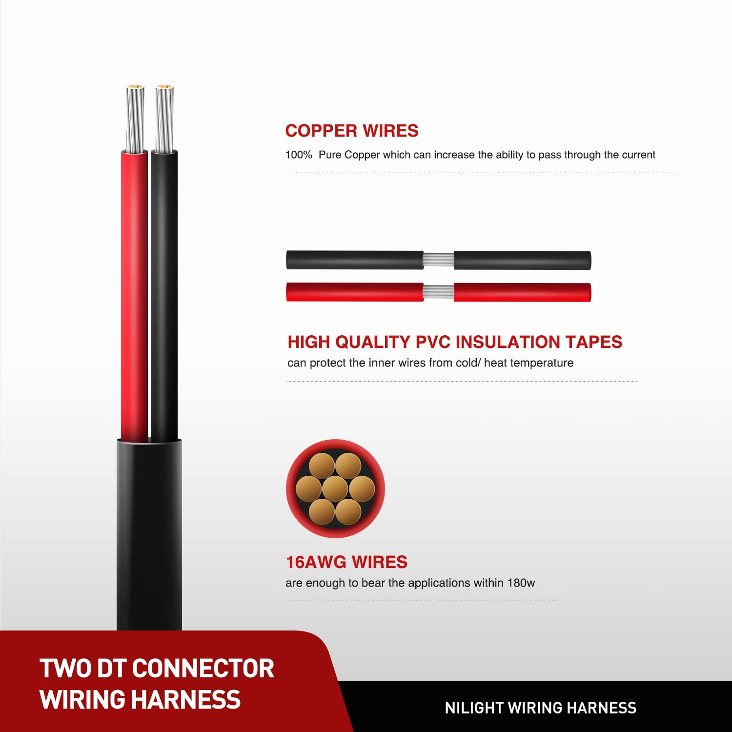 Nilight 2PCS 16AWG 10 Feet Wiring Harness Extension Kit, Extended Plug and Play 2-Pin Socket DT Connector Wire Cord for Offroad LED Light Bar Work Light Led Pod Driving Fog Boat Light image number 4