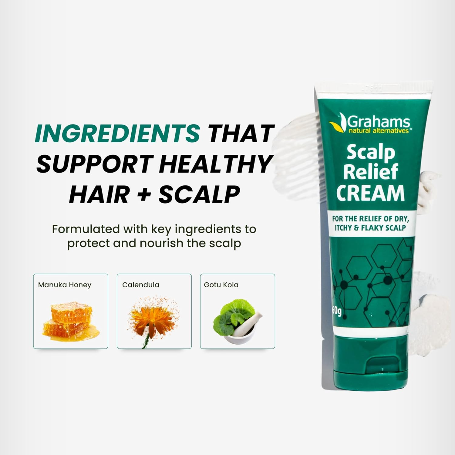 Grahams Natural Scalp Relief Cream - Seborrheic Dermatitis, Dandruff Scalp Treatment - Moisturises Dry, Itchy & Flaky Scalps - Manuka Honey, Calendula, Jojoba Seed Oil (1 X 60G) image number 2