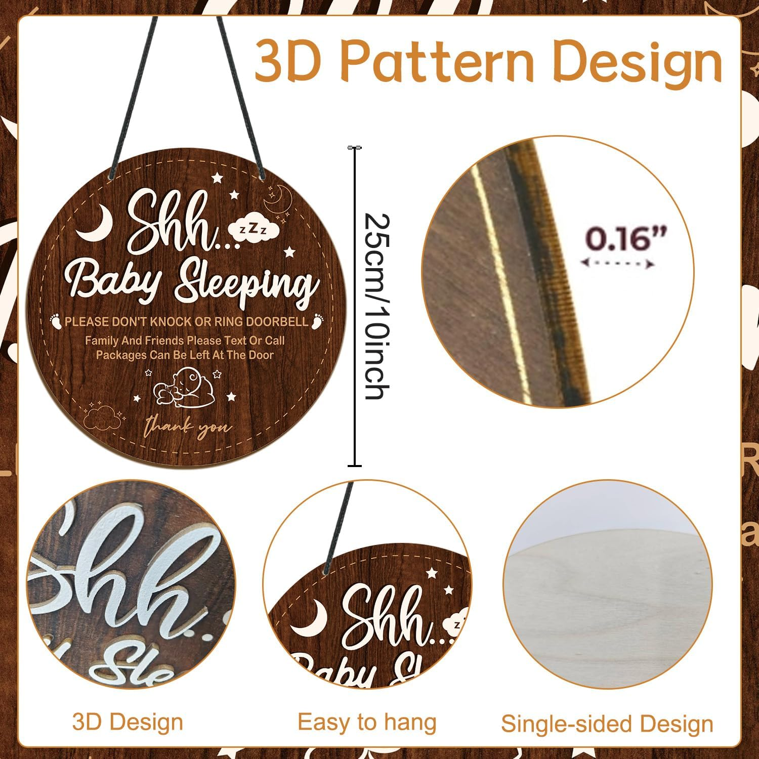 Baby Sleeping Sign for Front Door - Shejdgart Please Do Not Knock or Ring Doorbell Sign Shhh Baby Sleeping Door Hanger Wooden No Soliciting Doors Signs for Nursery Home Bedroom School Decor image number 1