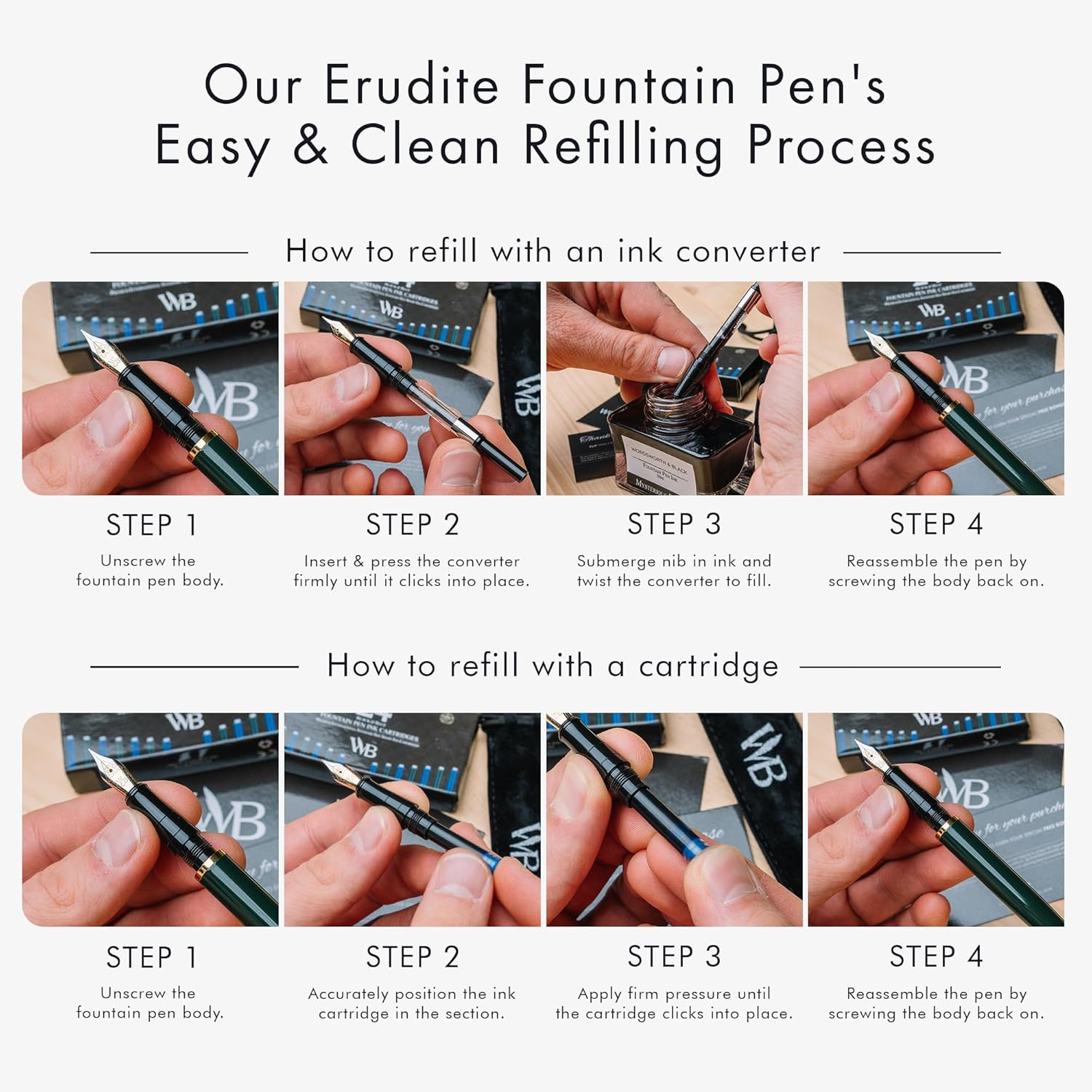 Wordsworth & Black Fountain Pen Set, 18K Gilded Medium Nib, Includes 24 Pack Ink Cartridges, Ink Refill Converter & Gift Pouch, Gold Finish, Calligraphy, [Racing Green Gold], Perfect for Men & Women image number 2