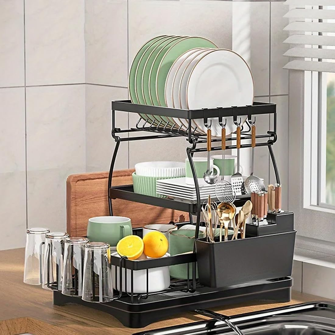 MUVKQC 3-Tier Dish Drying Rack, Dish Rack with 360&deg; Rotating Drainer Board, Large Dish Drainer with Utensils Holder, Rustproof Drying Rack for Kitchen Storage & Organisation image number 2