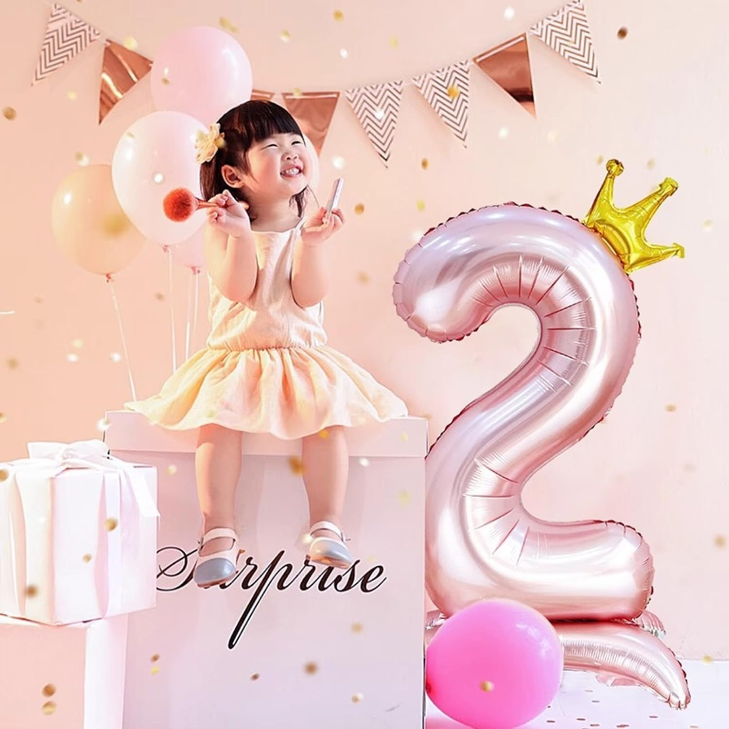 Standing Number 2 Balloon with Crown, 42 Inch Jumbo Mylar Foil Balloons Helium or Air Balloons for 2Nd 12 22 Birthday Party Celebration Decoration Pink Number 2 image number 4