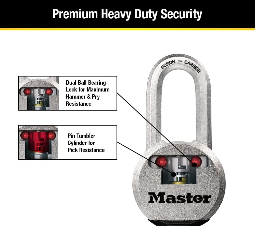 Master Lock Magnum Heavy Duty Solid Steel Silver Padlock with Key, Cut Resistant Gate Locks for Outdoor Fence or Shed, 14/32 X 2 X 15/16 Inches, M930XKADLH