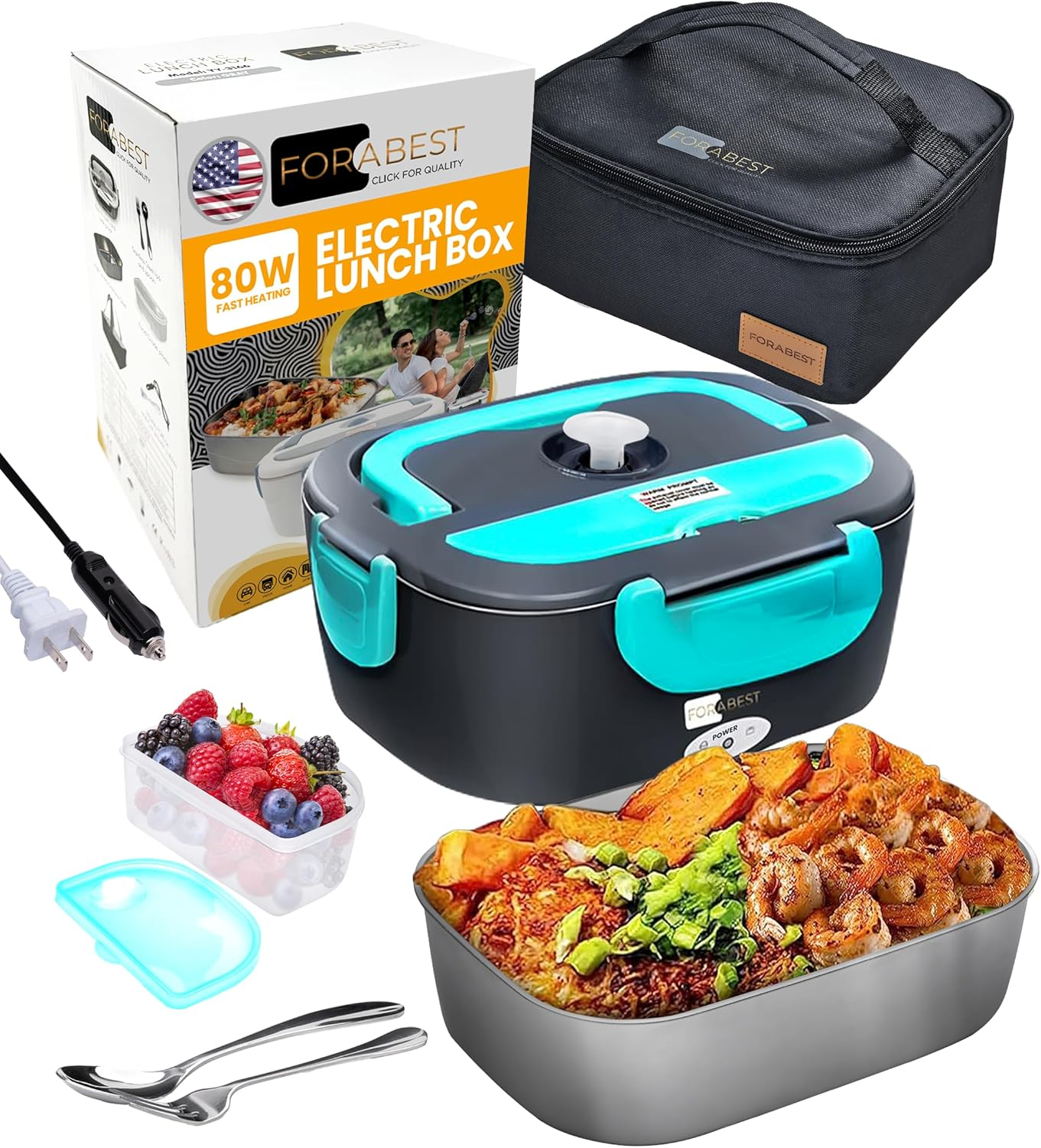 FORABEST Electric Lunch Box - Fast 60W Food Heater 3-In-1 Portable Food Warmer Lunch Box for Car & Home &ndash; Leak Proof, 2 Compartments, Removable 304 Stainless Steel Container, Fork, Spoon and Carry Bag image number 3