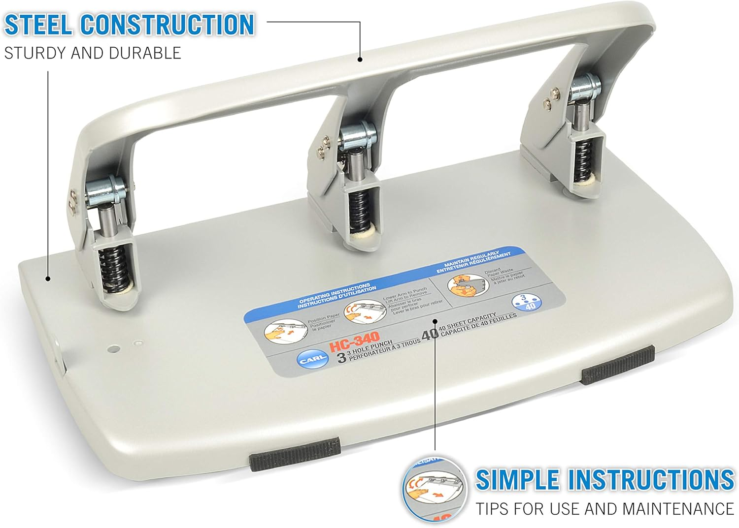 CARL, Medium-Duty 3 Hole Paper Punch, 40 Sheet Punch Capacity, Metallic, Model:Hc-340