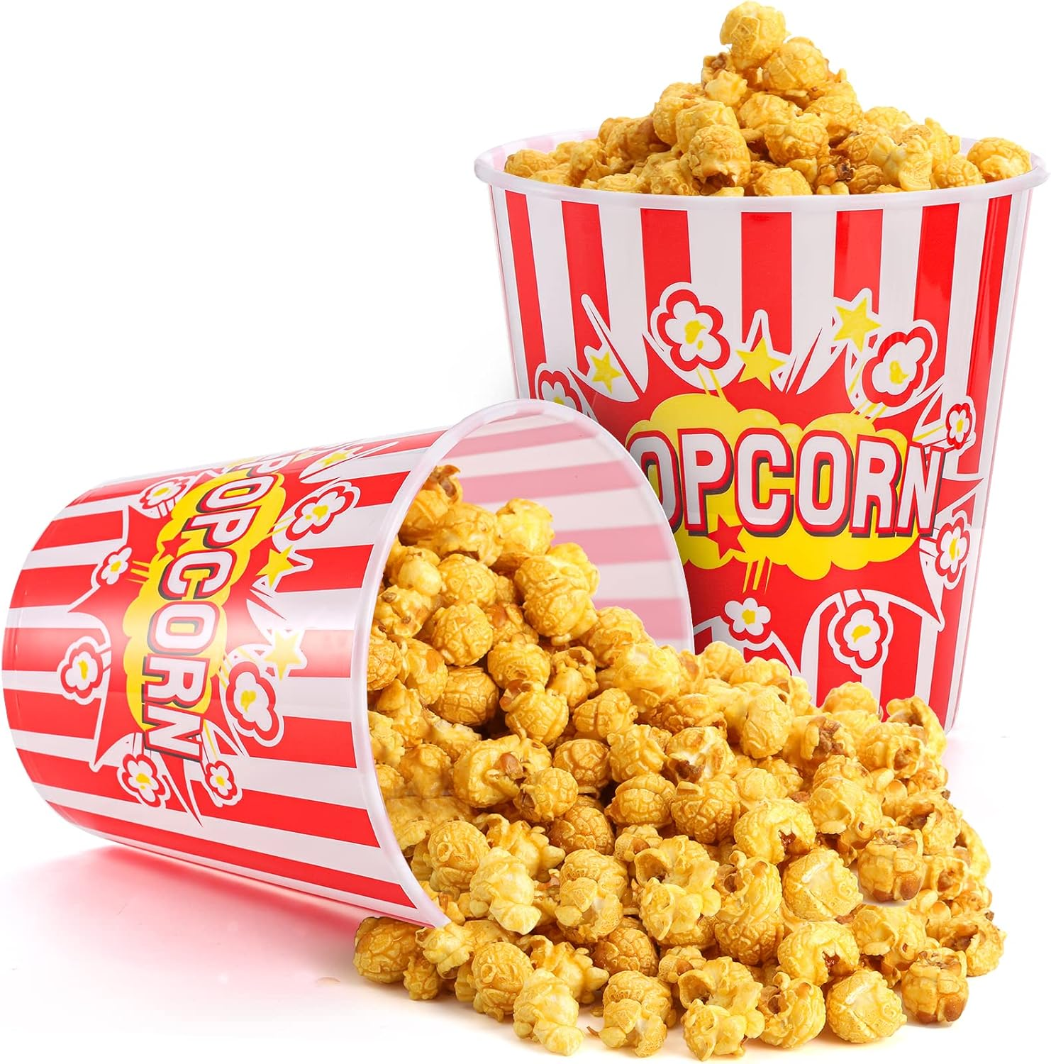 YOUEON 12 Pack Large Plastic Popcorn Bowls, 95 Oz Reusable Popcorn Containers in Red & White Striped Retro Style, Popcorn Buckets for Movie Night, Theater, Party Theme image number 5