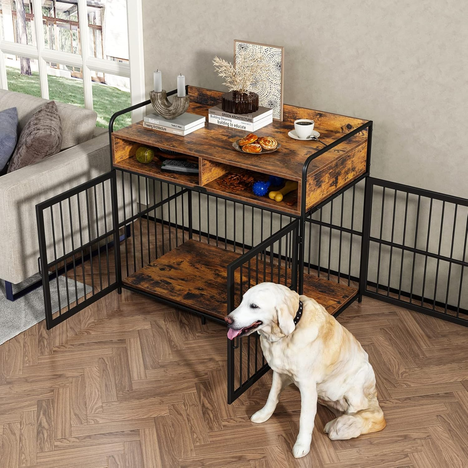 Koreal Dog Crate, 104Cm Width Dog Crate Furniture for Large Dogs, Heavy Duty Dog Kennel with 2 Drawers Storage, Wooden Dog Cage Indoor Dog House End Table for Dogs image number 5