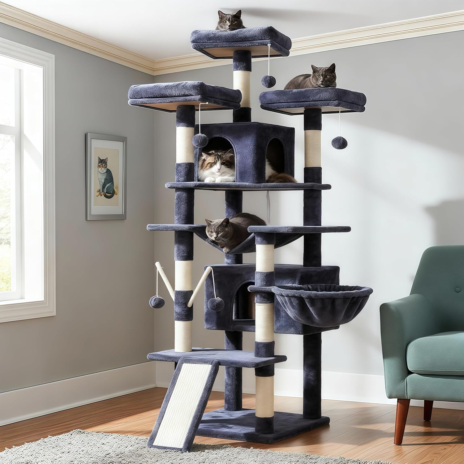 Hey-Brother Cat Tree, 180 Cm XL Large Cat Tower for Indoor Cats, Multi-Level House with 3 Padded Perches, Big Scratcher, Cozy Basket, 2 Cat Condos and Scratching Posts, Smoky Gray MPJ034G image number 4