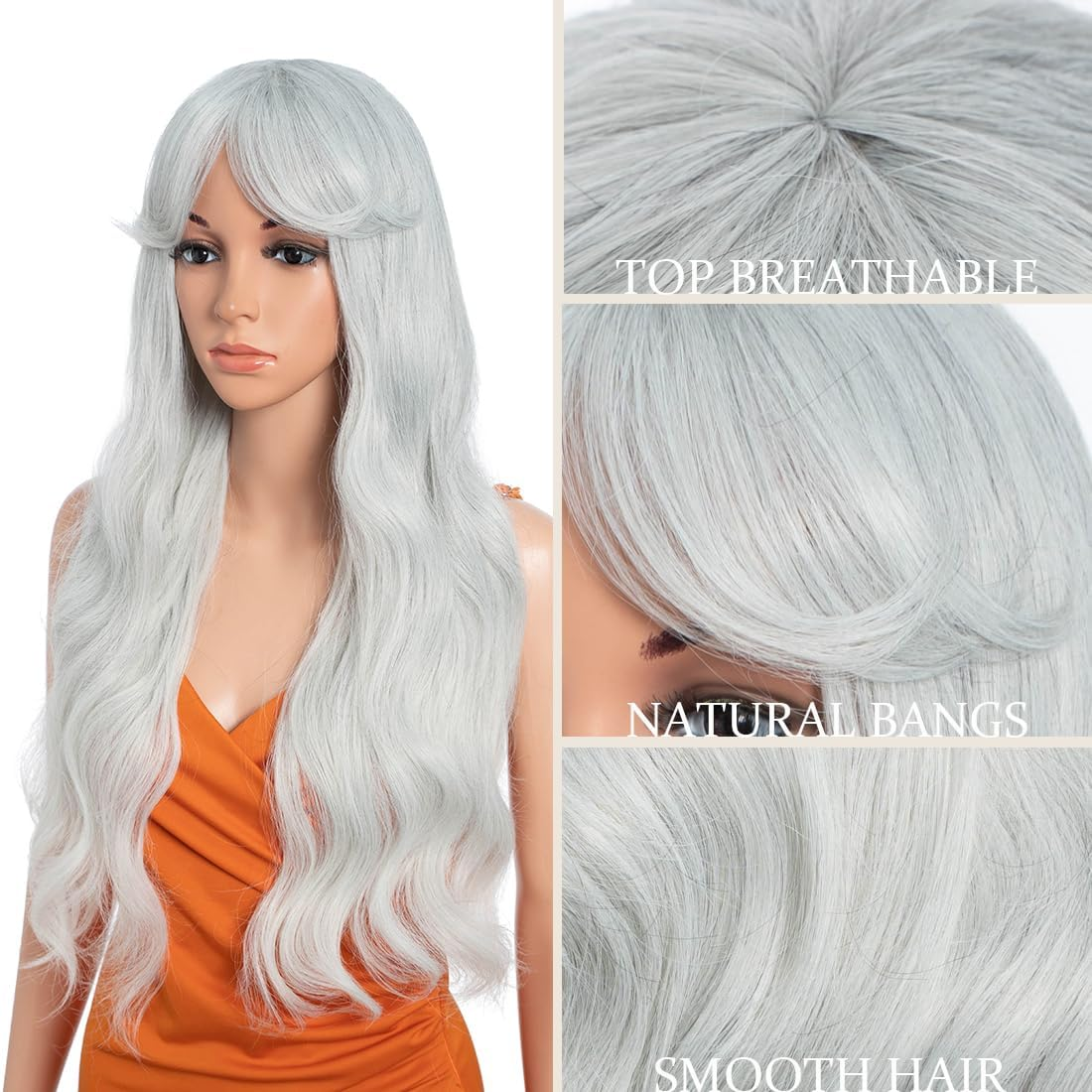 26 Inch Long Wavy Wigs for Women, Black Wig with Bangs, Ombre Brown Wig with Dark Roots, Long Layered, Heat Resistant, Synthetic, Natural Looking for Daily Party Use (T-Grey 31) image number 4