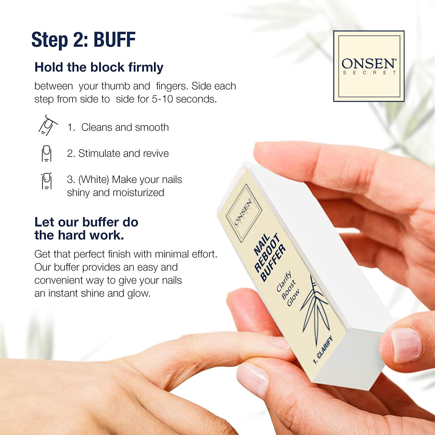 Onsen Secret Complete Nail Reboot Kit W/Nail Reboot Oil 10Ml, Nail File 120/180 Grit Double Sided, a 3-Way Nail Buffer Block & Cuticle Serum-15Ml W/Cuticle Oil in Action-Super Value Pack image number 4