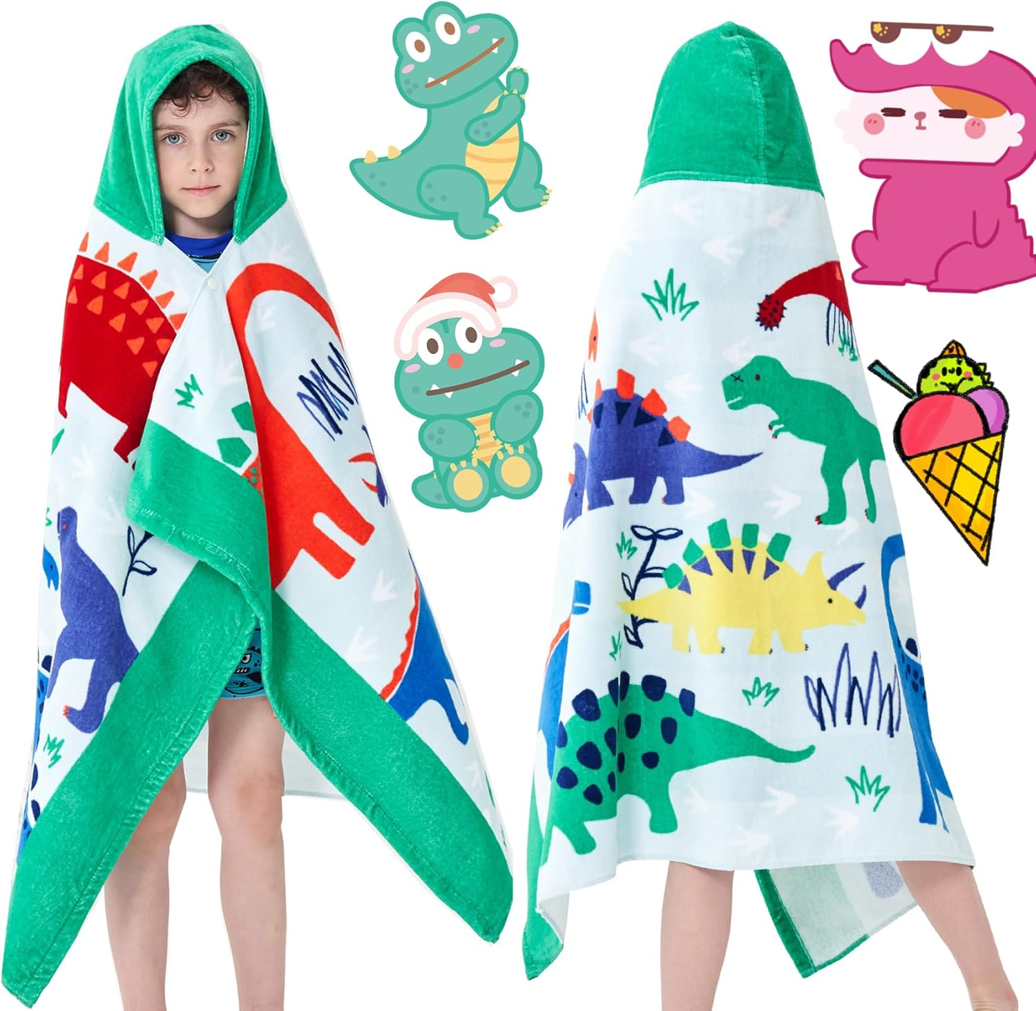 Bavilk Kids Hooded Bath Beach Towel Girls Boys Swim Pool Cover up Super Absorbent Cute Cartoon Animal Full Vitality (Dinosaur World) image number 6