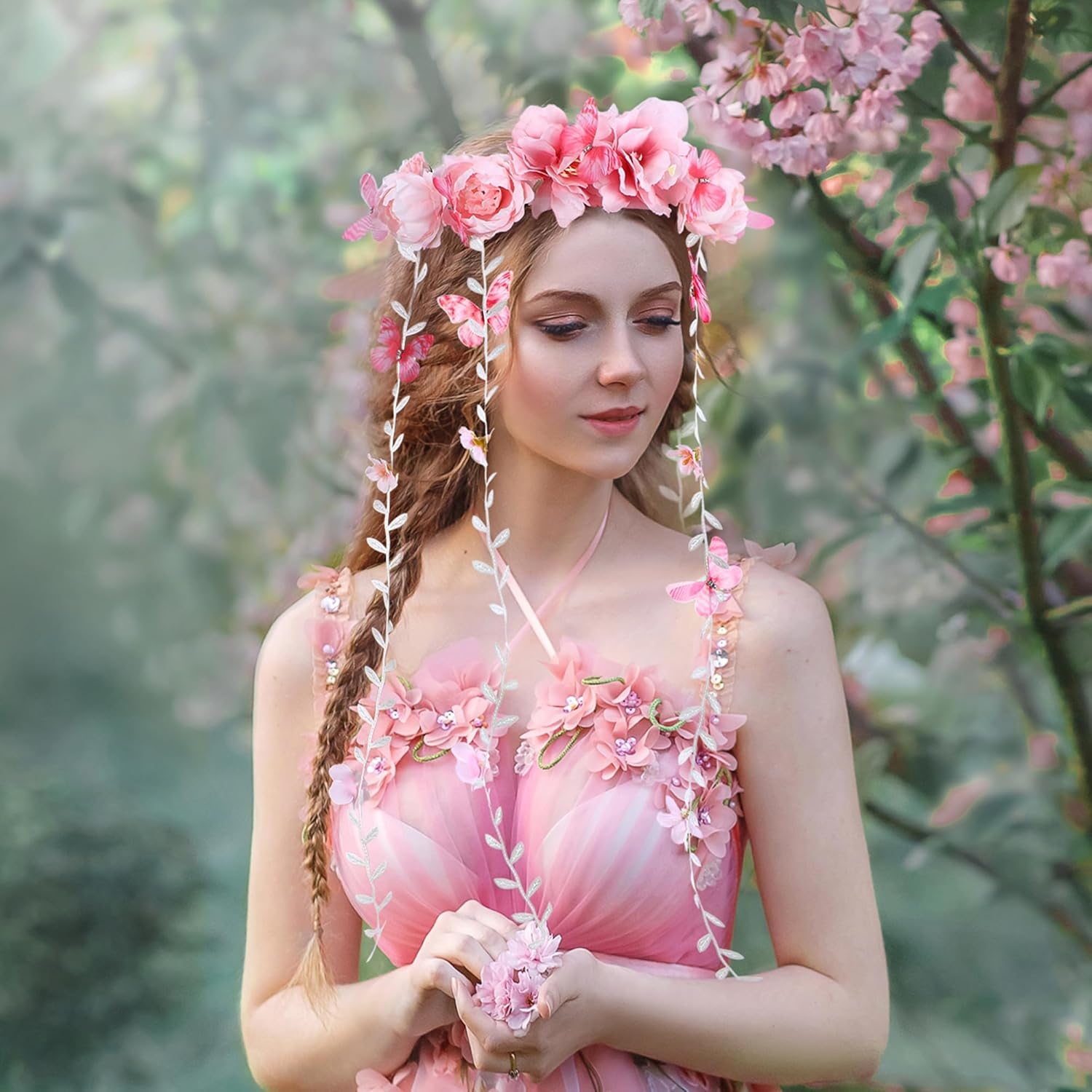 Partyforu Pink Flower Crown Headband for Women Floral Fairy Headpiece Bohemian Vine Flower Headband with Butterfly for Wedding Bridal Shower Party Renaissance image number 5