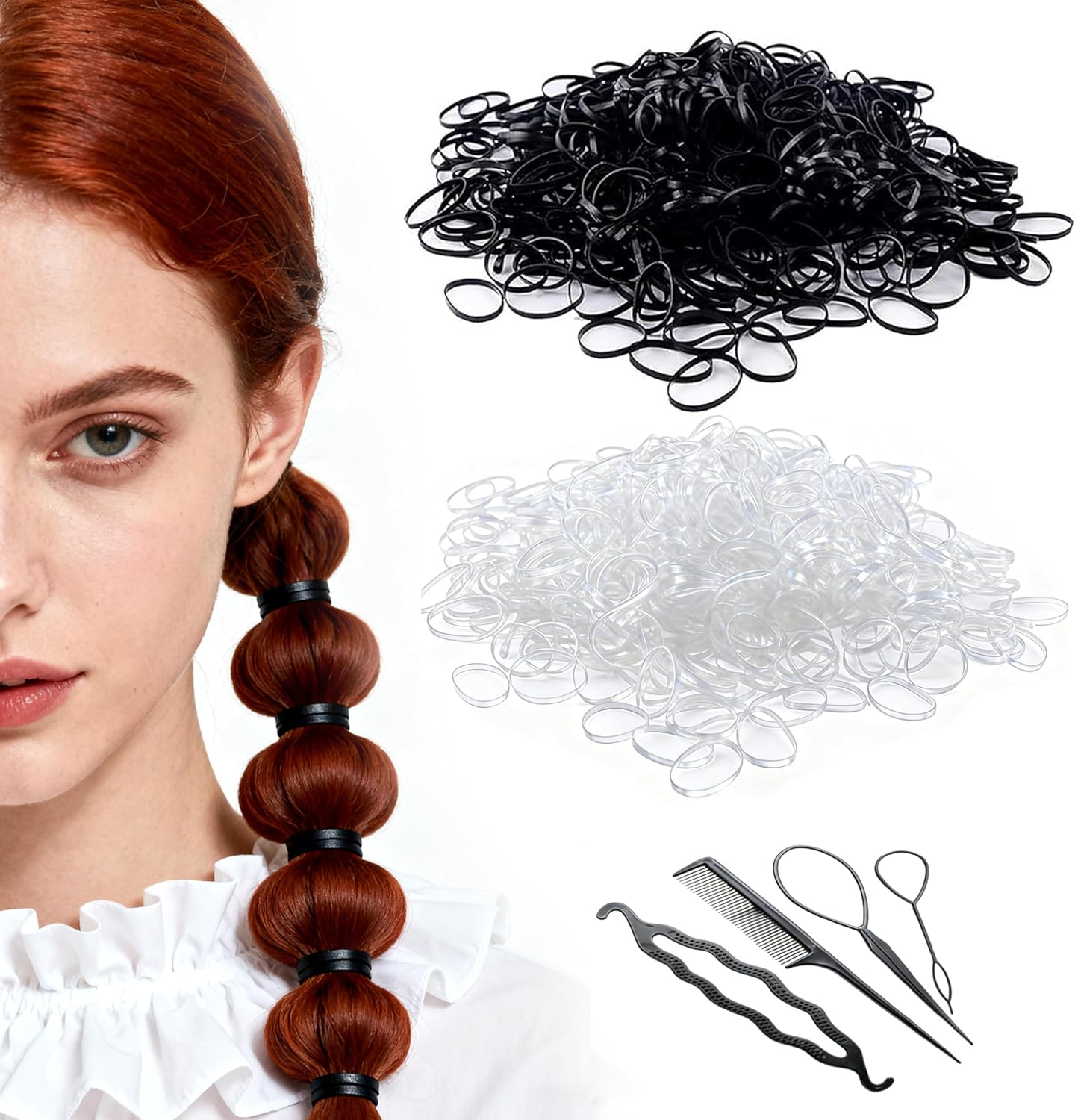 4000-Piece Hair Elastics Set: Hair Ties + 4 Bonus Hair Styling Tools, No Metal Elastic Bands Packaging (Black & Clear). image number 1
